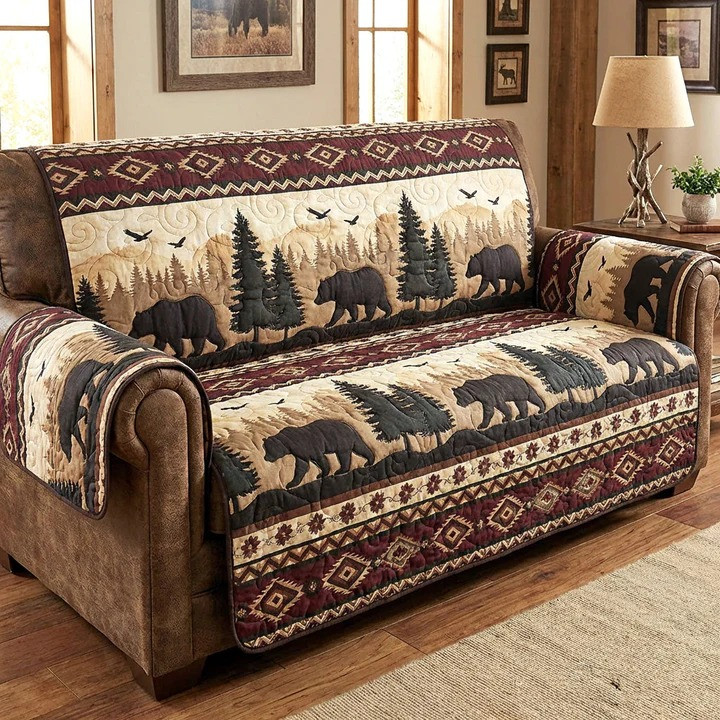 Rustic Wilderness Quilted Sofa Cover Bear Wildlife Forest Furniture Protector Best Gift For Him
