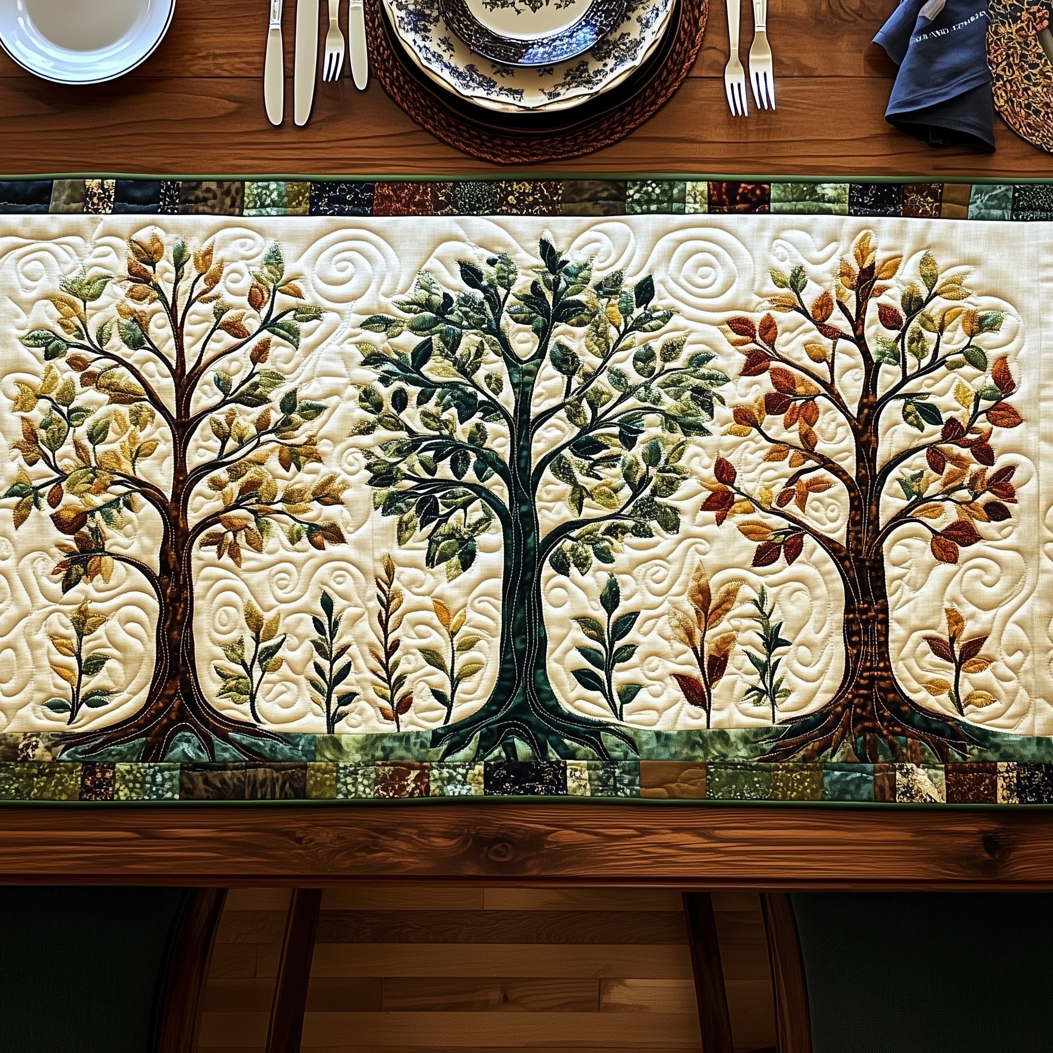 Rustic Woodland Quilted Table Runner Holiday Dinner Table Runner