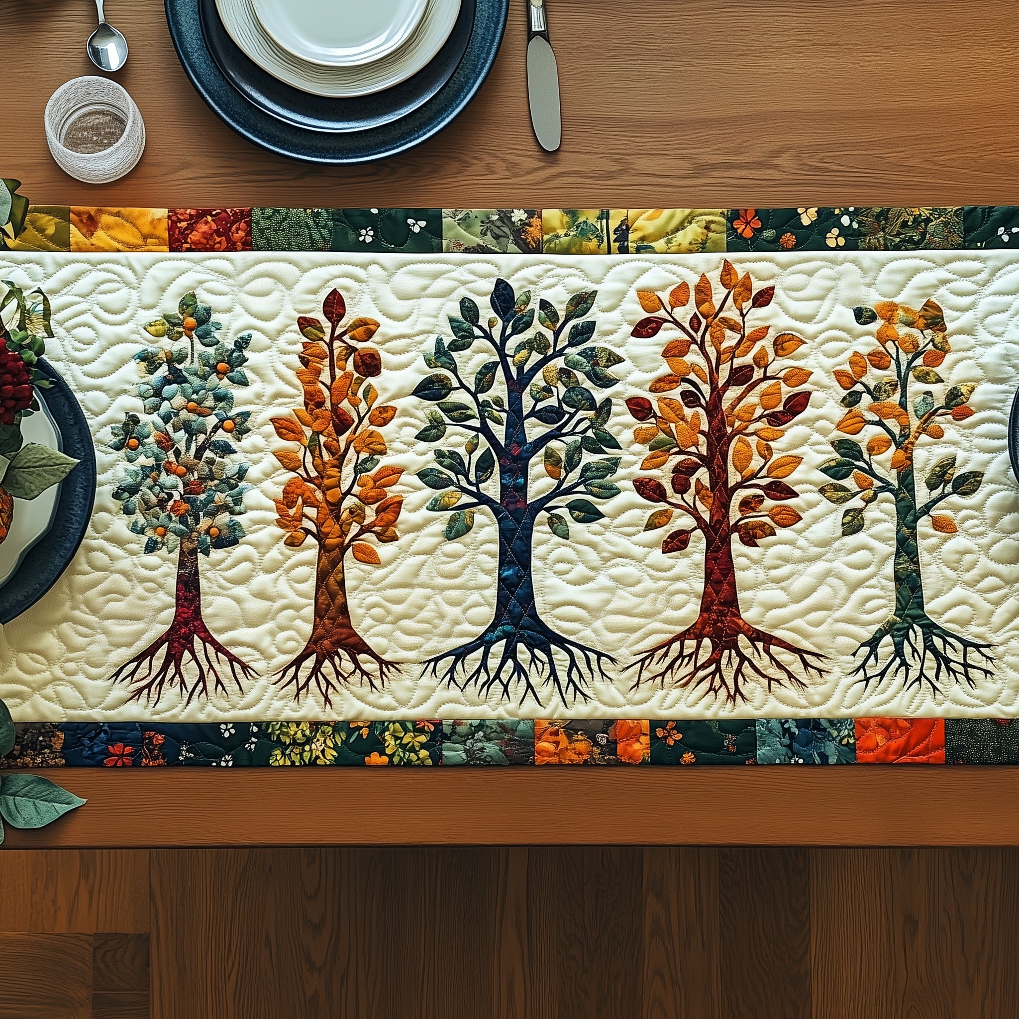 Rustic Woodland Quilted Table Runner Xmas Table Runner for Family Gatherings