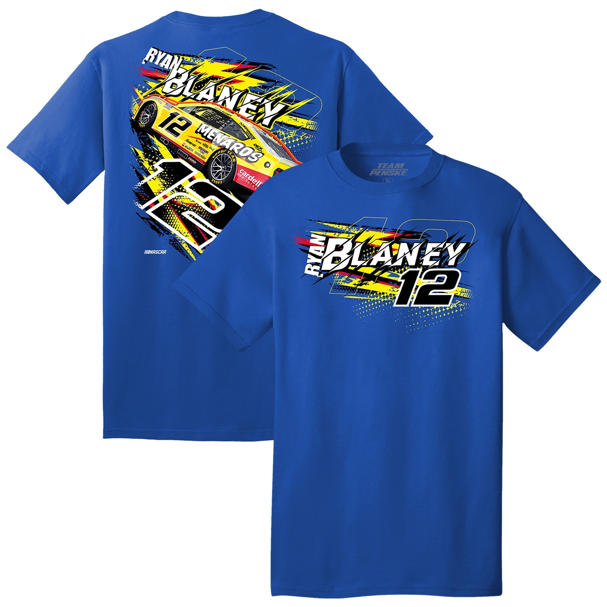 Ryan Blaney Merch Team Penske Royal Ryan Blaney Menards Cardell Number 12 Car T-Shirt Ryan Blaney Merch Team Penske Royal Ryan Blaney Menards Cardell Number 12 Car T-Shirt