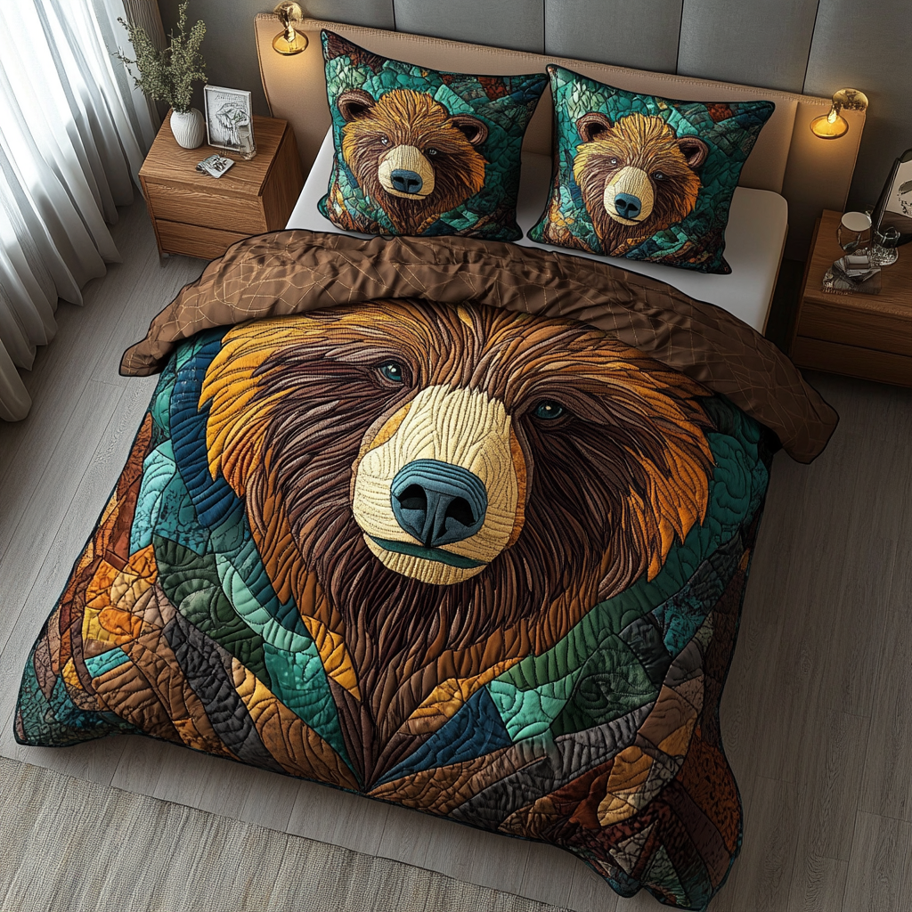 Sacred Bear Quilted Bedding Set Holiday Season Duvet Cover Set Bear Gifts For Her