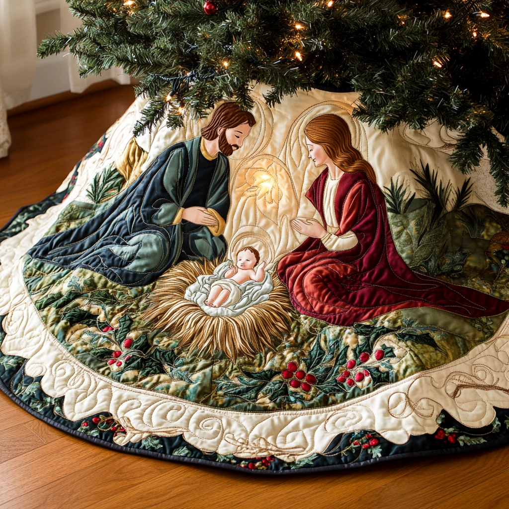 Sacred Birth Christmas Quilted Tree Skirt Classic Red and White Tree Skirt for Traditional Decor