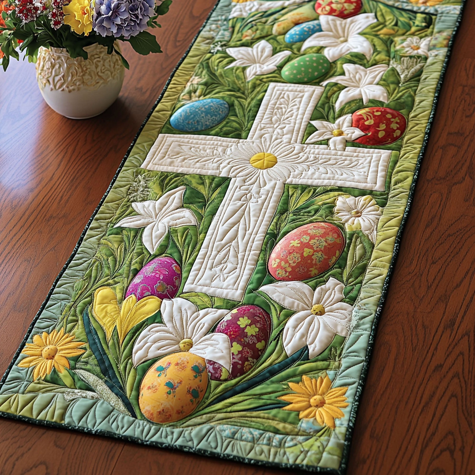 Sacred Easter Cross Quilted Table Runner Easter Bunny Table Decorations Christian Gift Idea