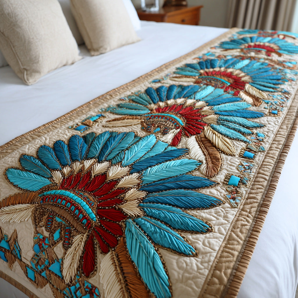 Sacred Headdress Quilted Bed Runner Bed Decor Native American Christmas Gift Ideas