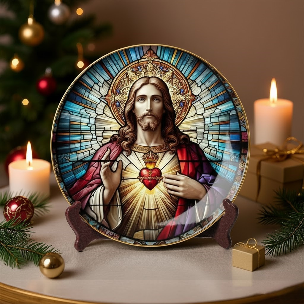 Sacred Heart Jesus Christmas Ceramic Plate Jesus Decorations Gifts For Xmas Holiday