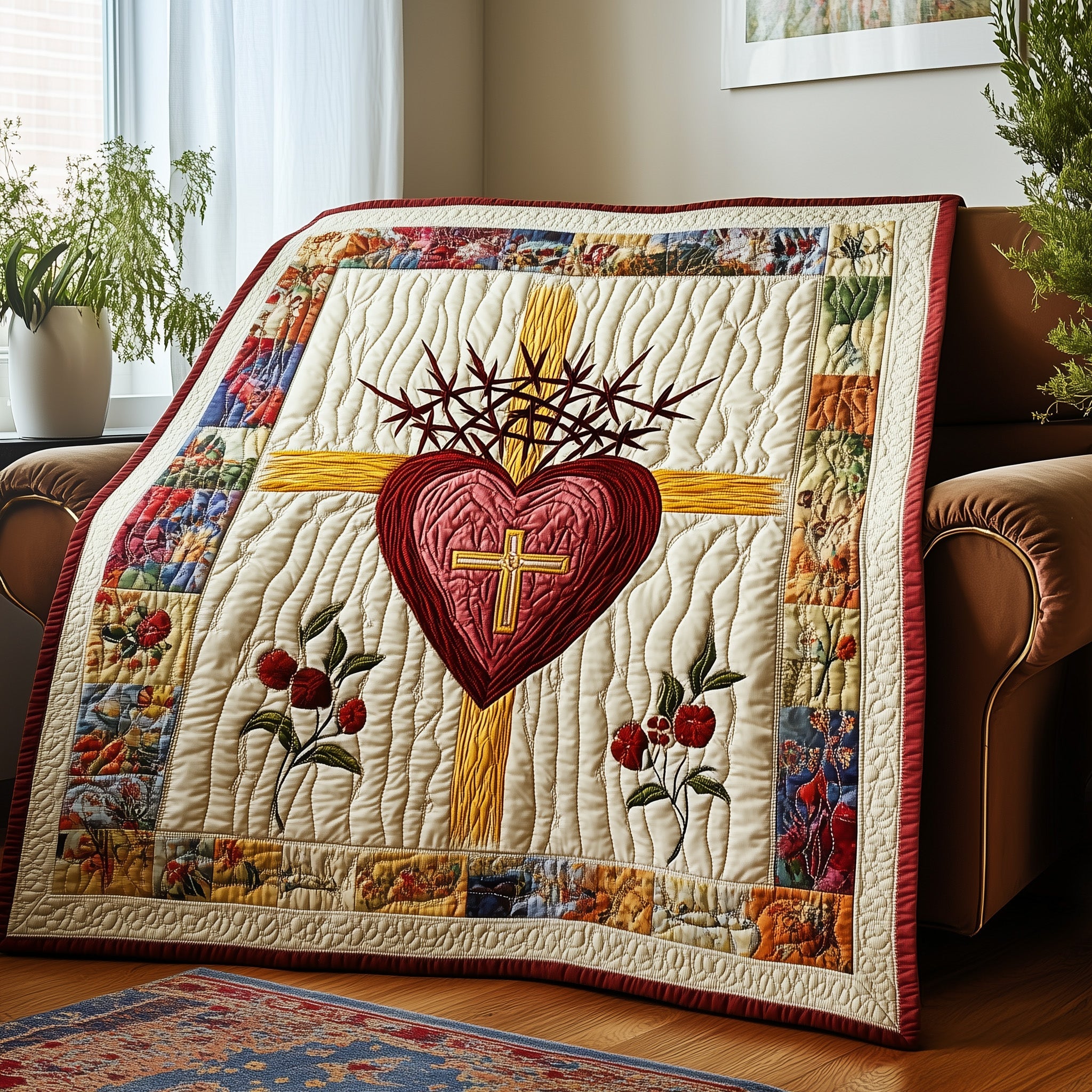 Sacred Heart Quilted Blanket Merchandise Throw BlanketReligious Christian Christmas Gifts For Her