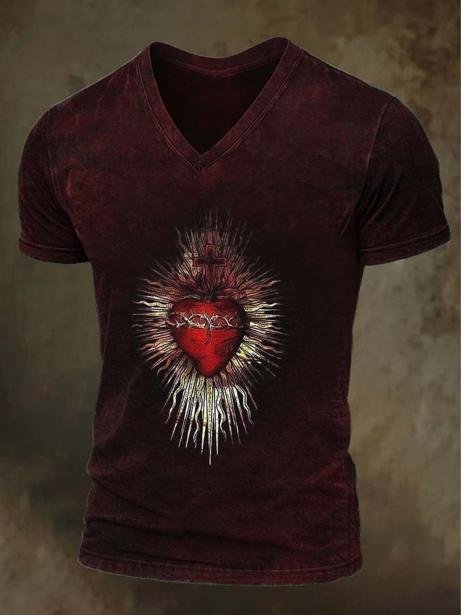 Sacred Heart V-Neck Shirt Christian Cross Faith Tee Religious Gifts For Lovers
