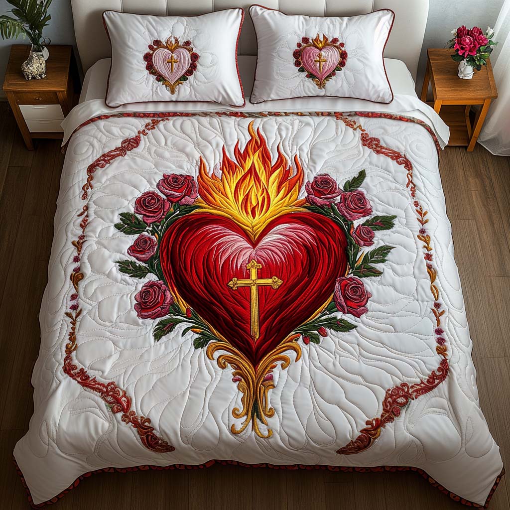 Sacred Heartfire Quilted Bedding Set Bedspread Set Religious Gift Ideas