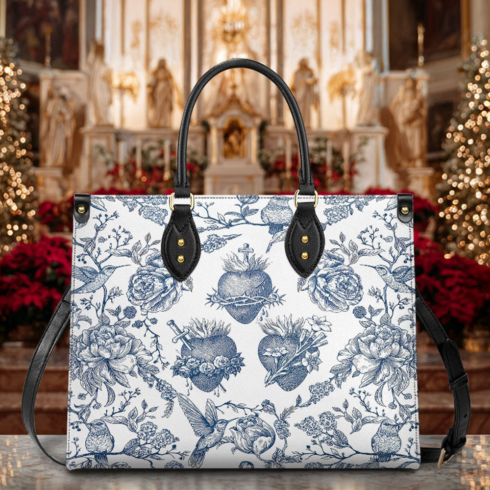Sacred Hearts Devotion Leather Bag Elegance Blue And White Handbag Christian Christmas Gifts