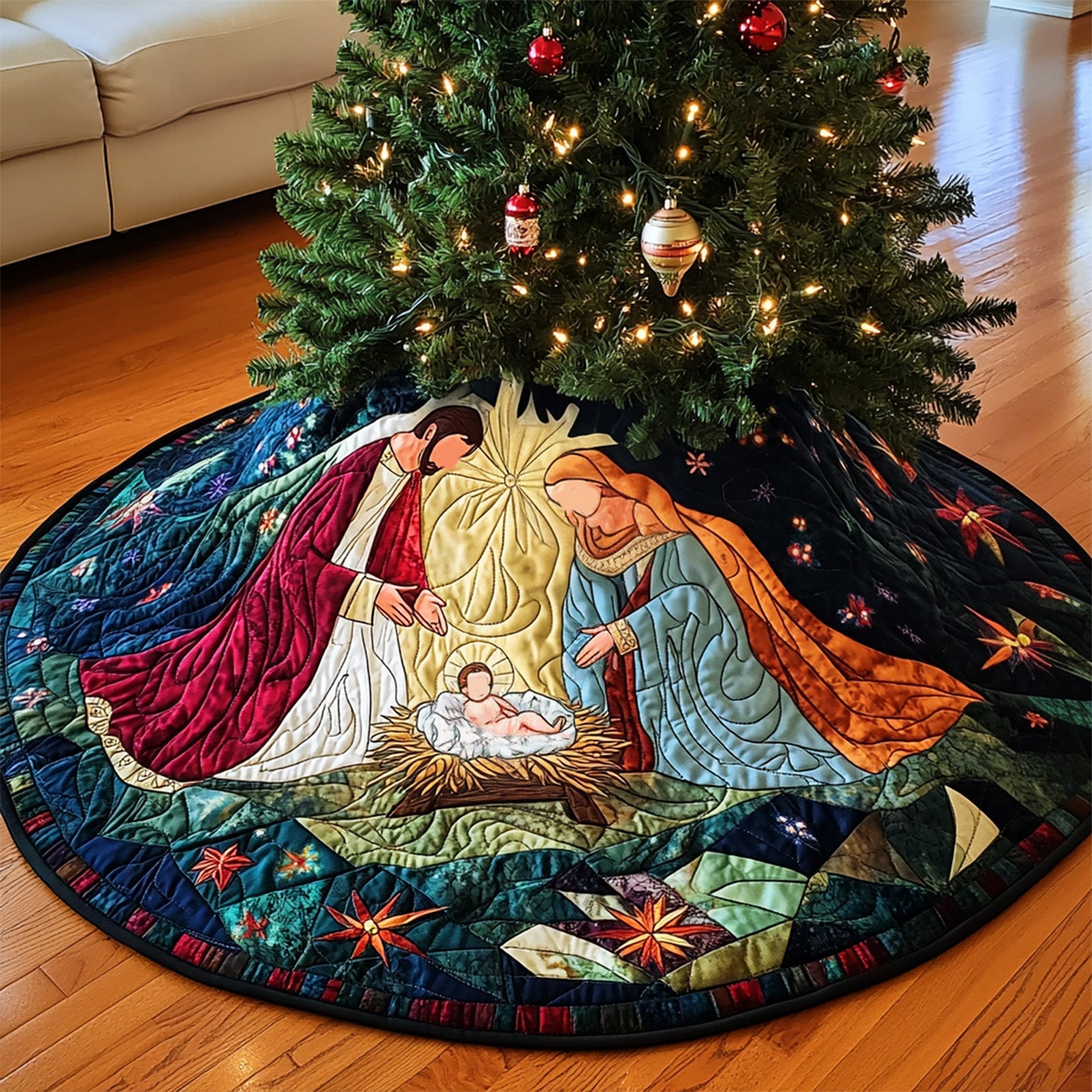 Sacred Manger Quilted Christmas Tree Skirt Holiday Living Room Decor Winter Holiday Decor
