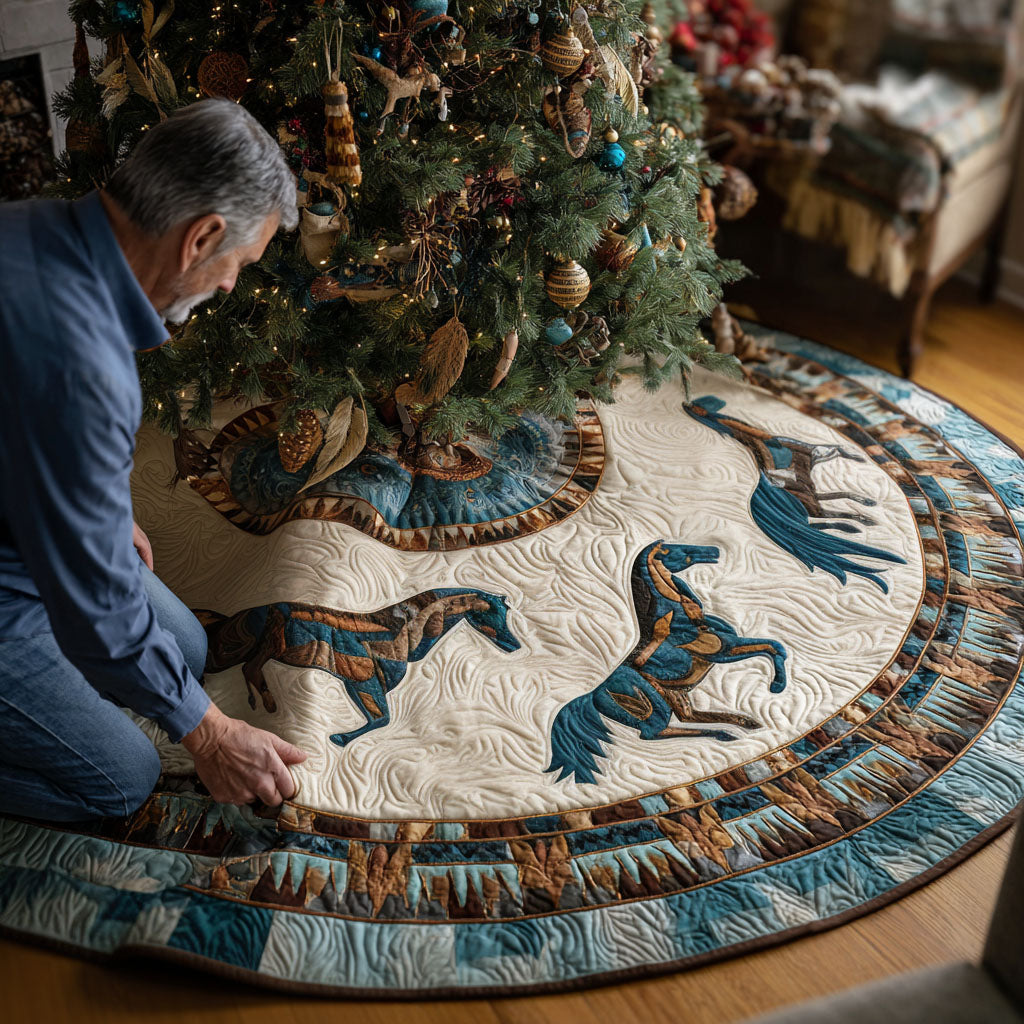 Sacred Mustang Christmas Quilted Tree Skirt Xmas Tree Base Cover Gifts For People Who Like Horses