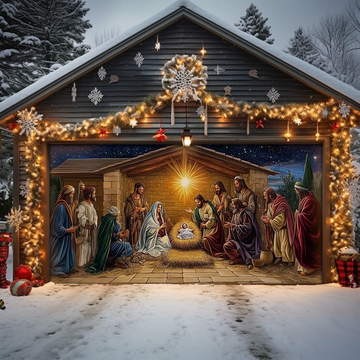 Sacred Night Nativity Scene Christmas Garage Door Cover Religious Outdoor Decorations