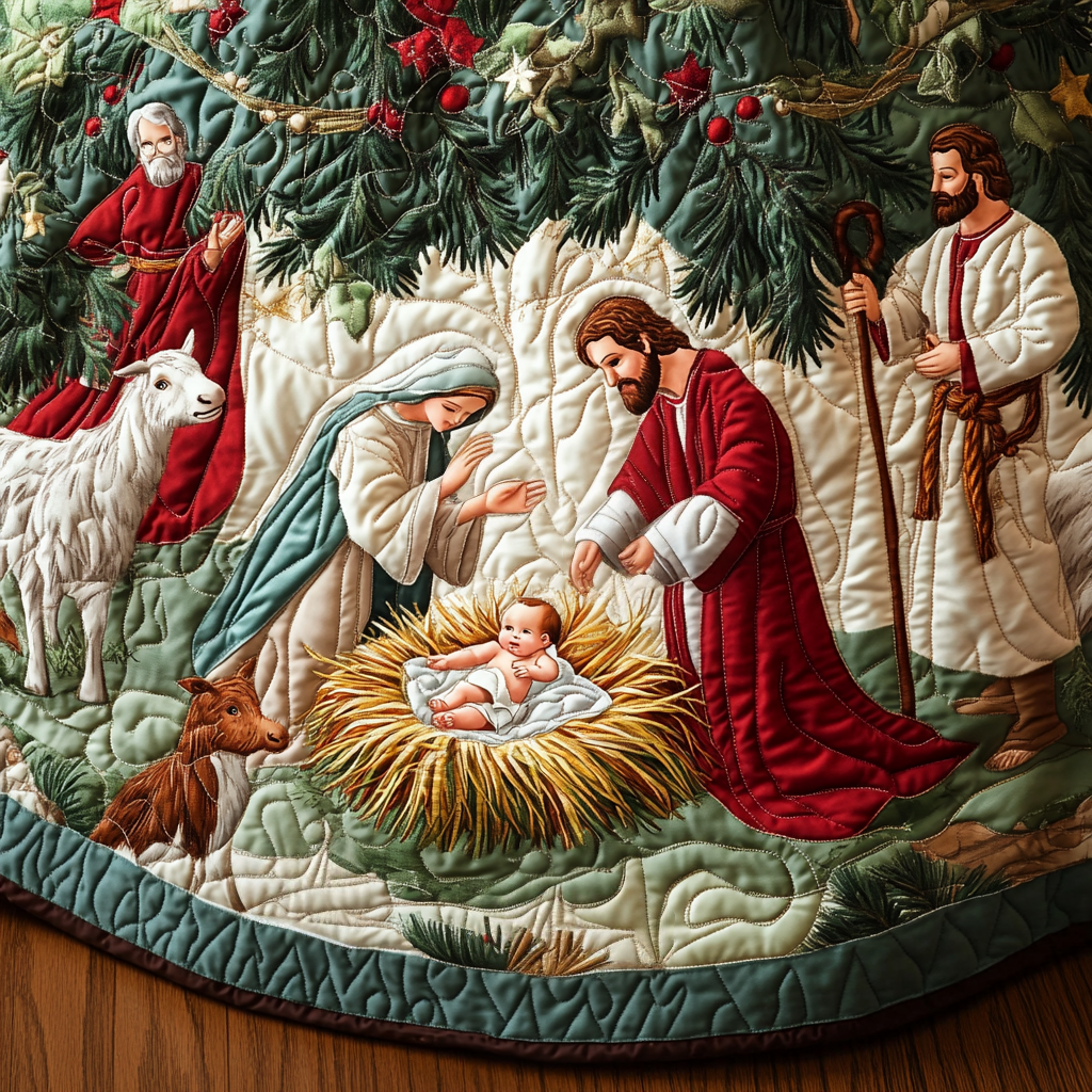 Sacred Scene Christmas Quilted Tree Skirt Adorable Holiday Tree Skirt for Cozy Spaces