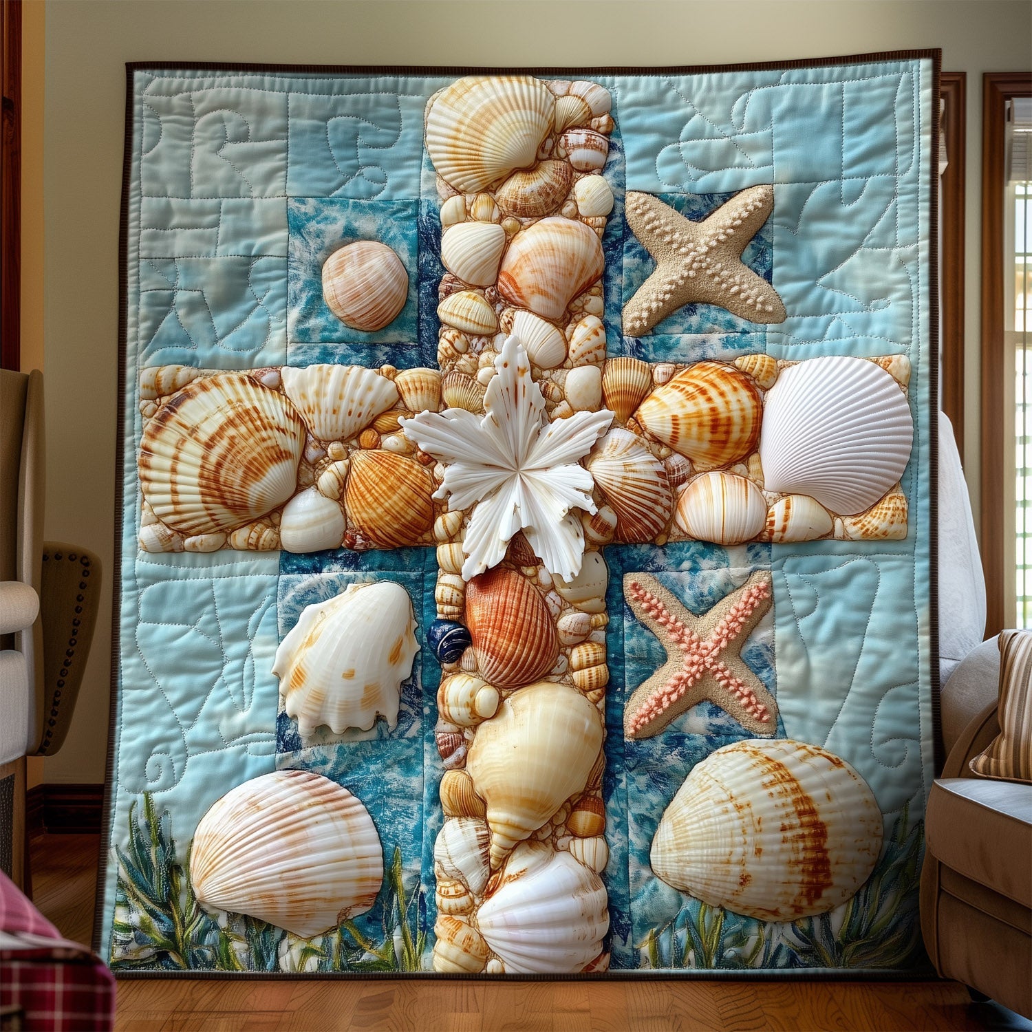Sacred Seashells Cross Quilted Blanket Gift For Christian