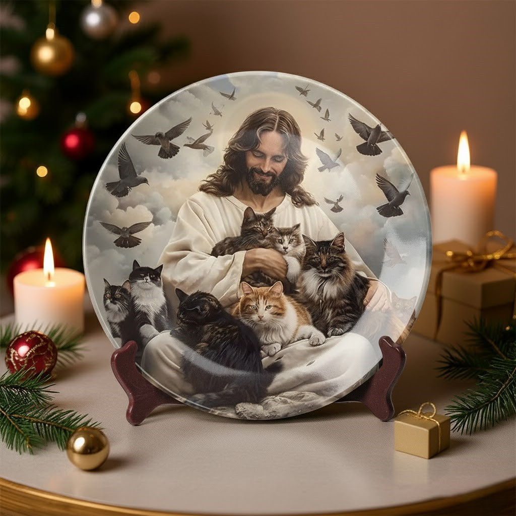 Sacred Serenity with Cats Christmas Ceramic Plate Cute Xmas Presents For Cat Lover