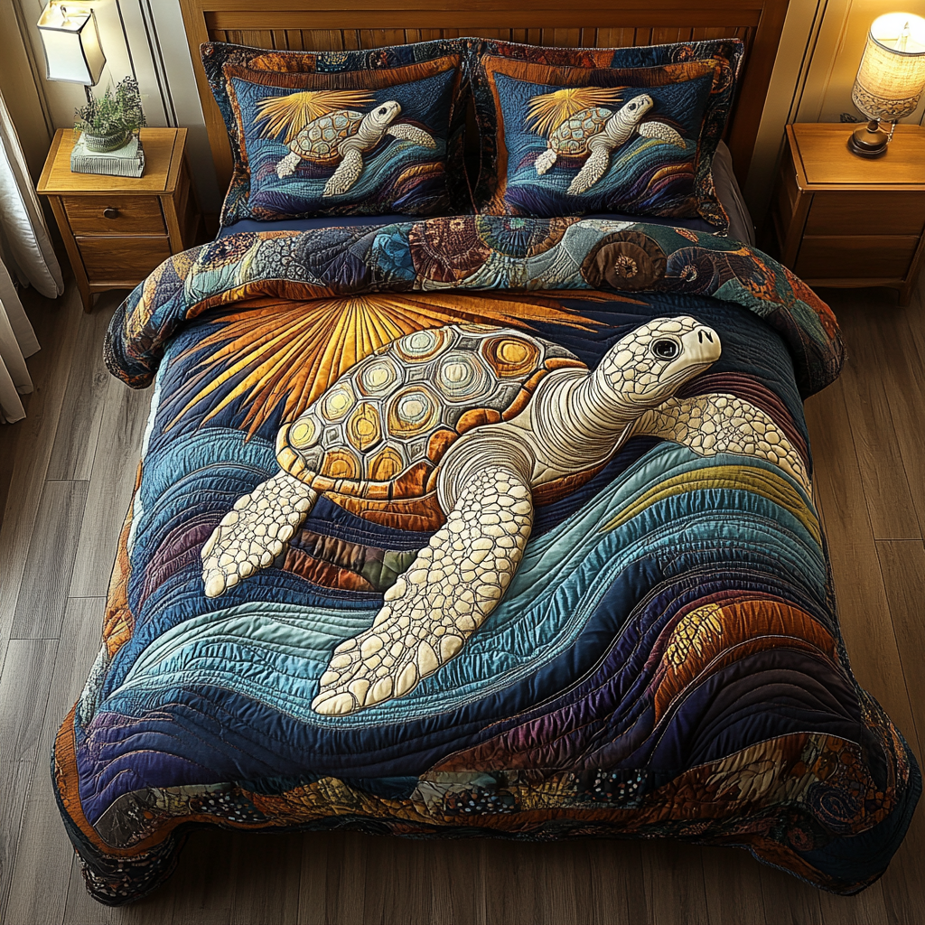 Sacred Shell Quilted Bedding Set Bed Decor Ideas Gifts For People Who Loves Sea Turtle