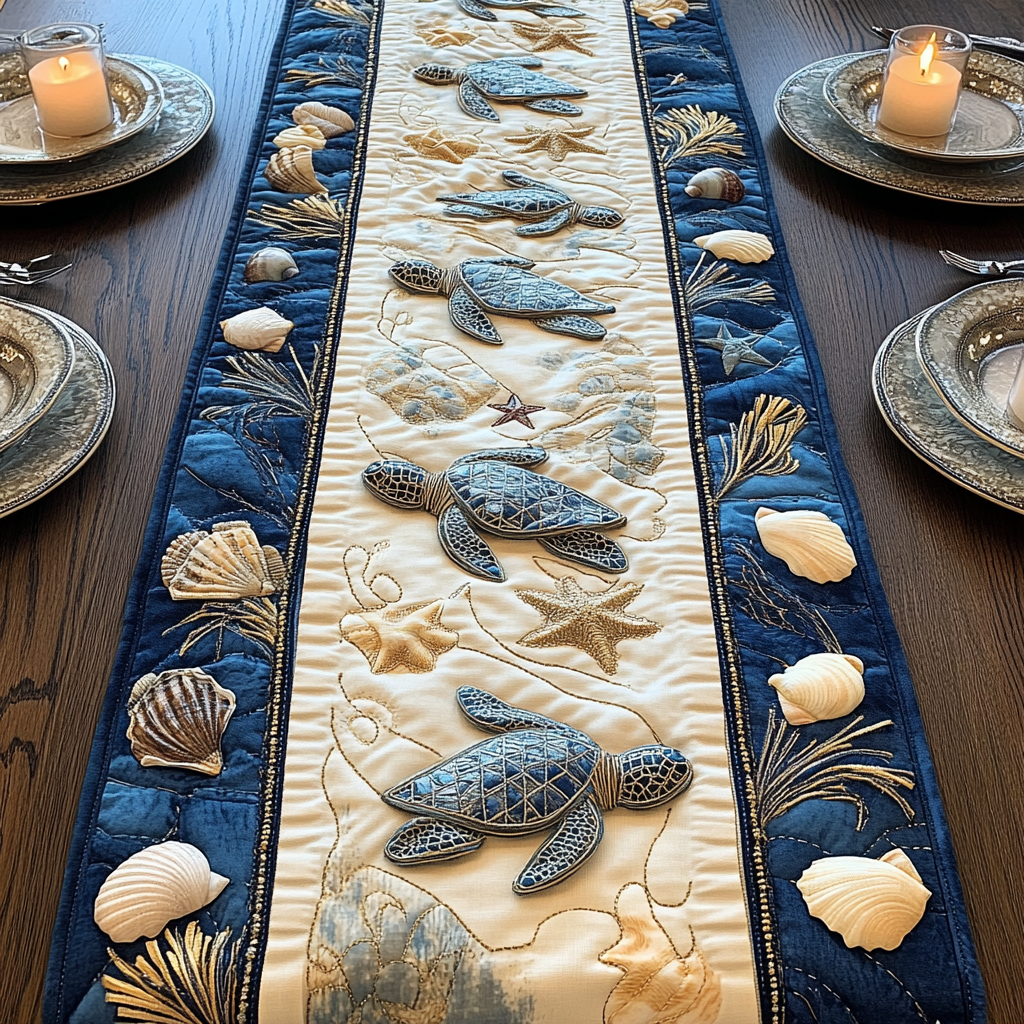 Sacred Shell Quilted Table Runner Dining Room Centerpieces Turtle Gift Idea
