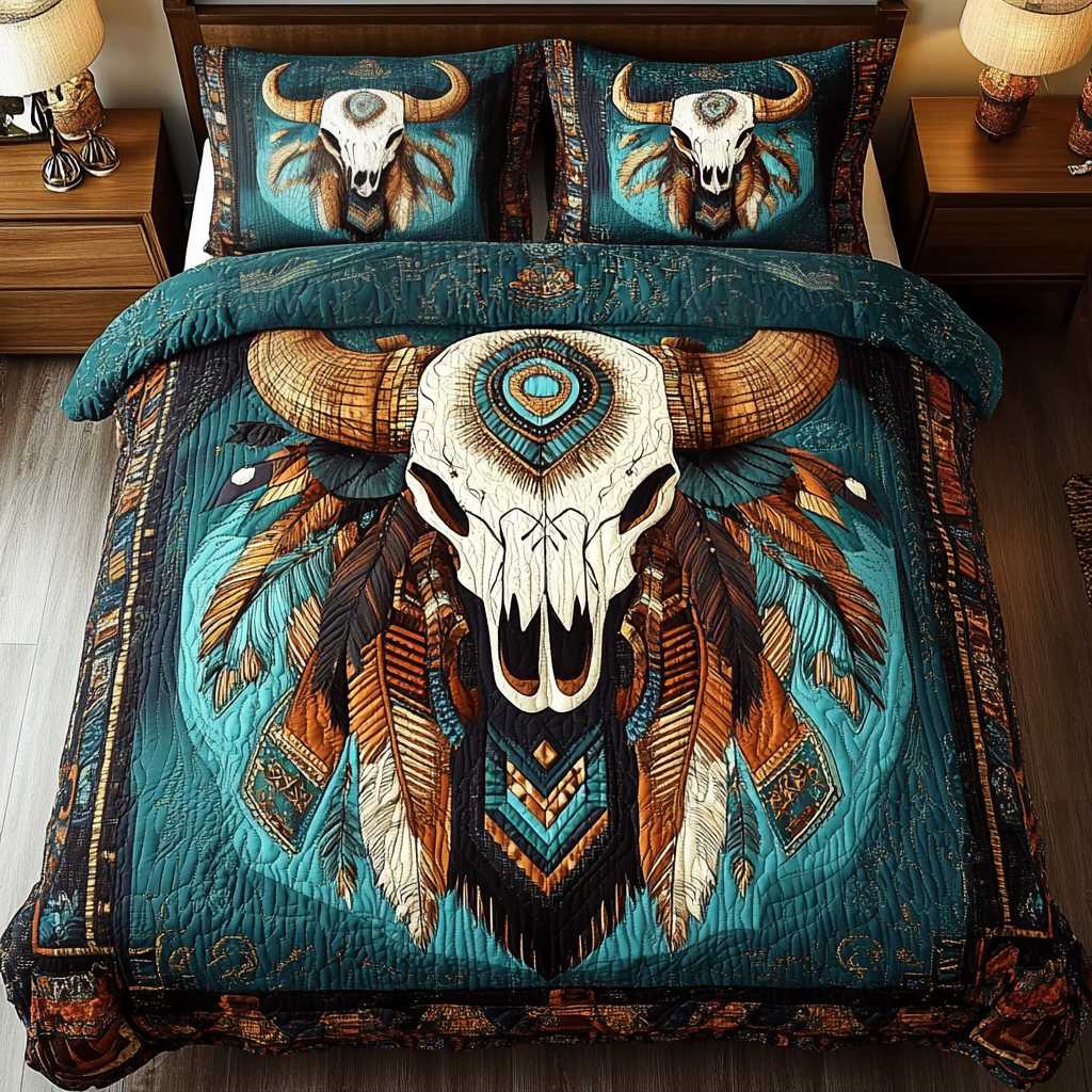 Sacred Skull Quilted Bedding Set Aesthetic Room Decor Native American Christmas Gifts