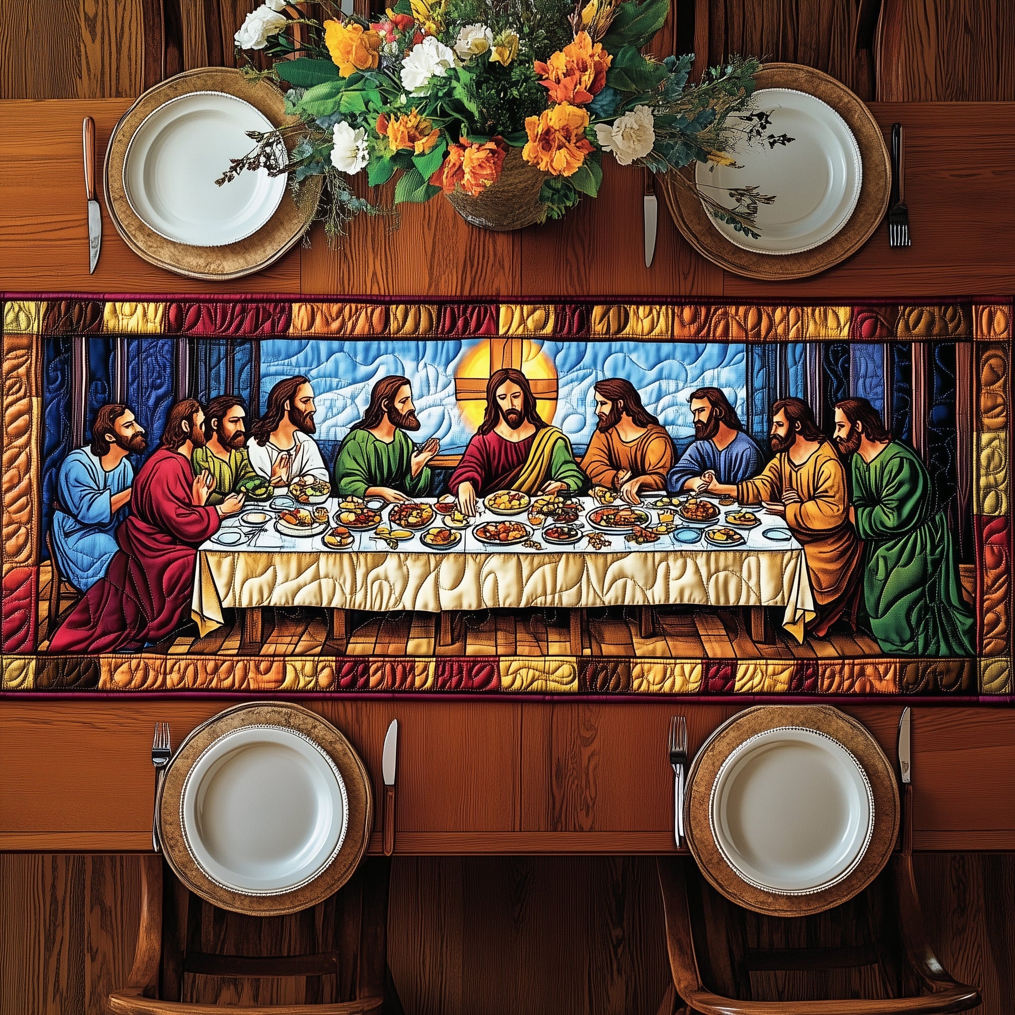 Sacred Supper Quilted Table Runner Cozy Christmas Table Runner
