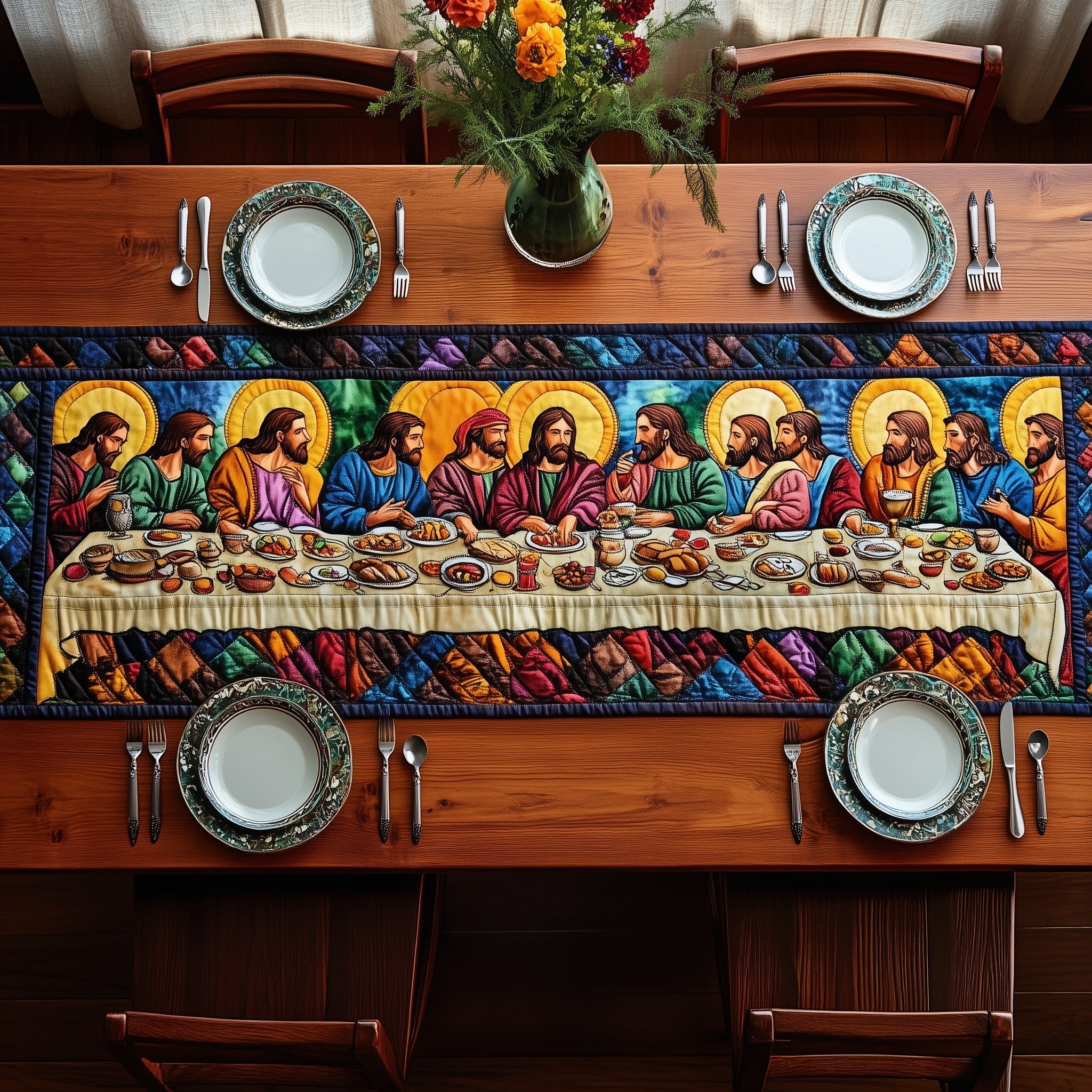Sacred Supper Quilted Table Runner Holiday Season Table Runner