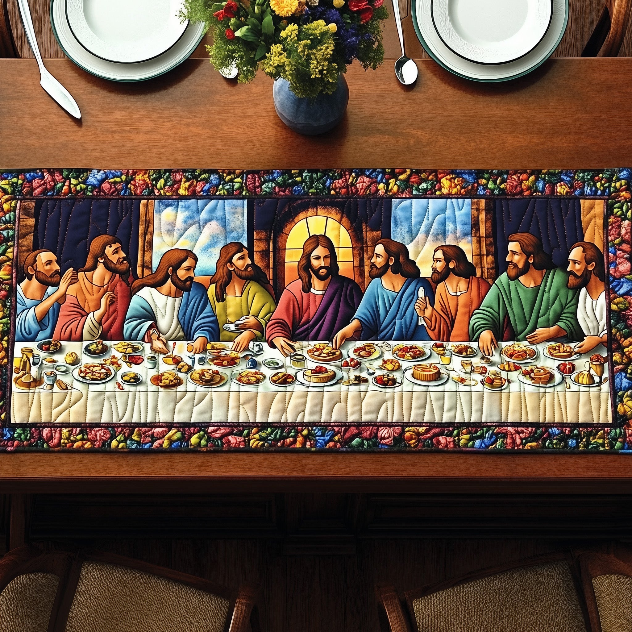 Sacred Supper Quilted Table Runner Holiday Table Runner Decoration
