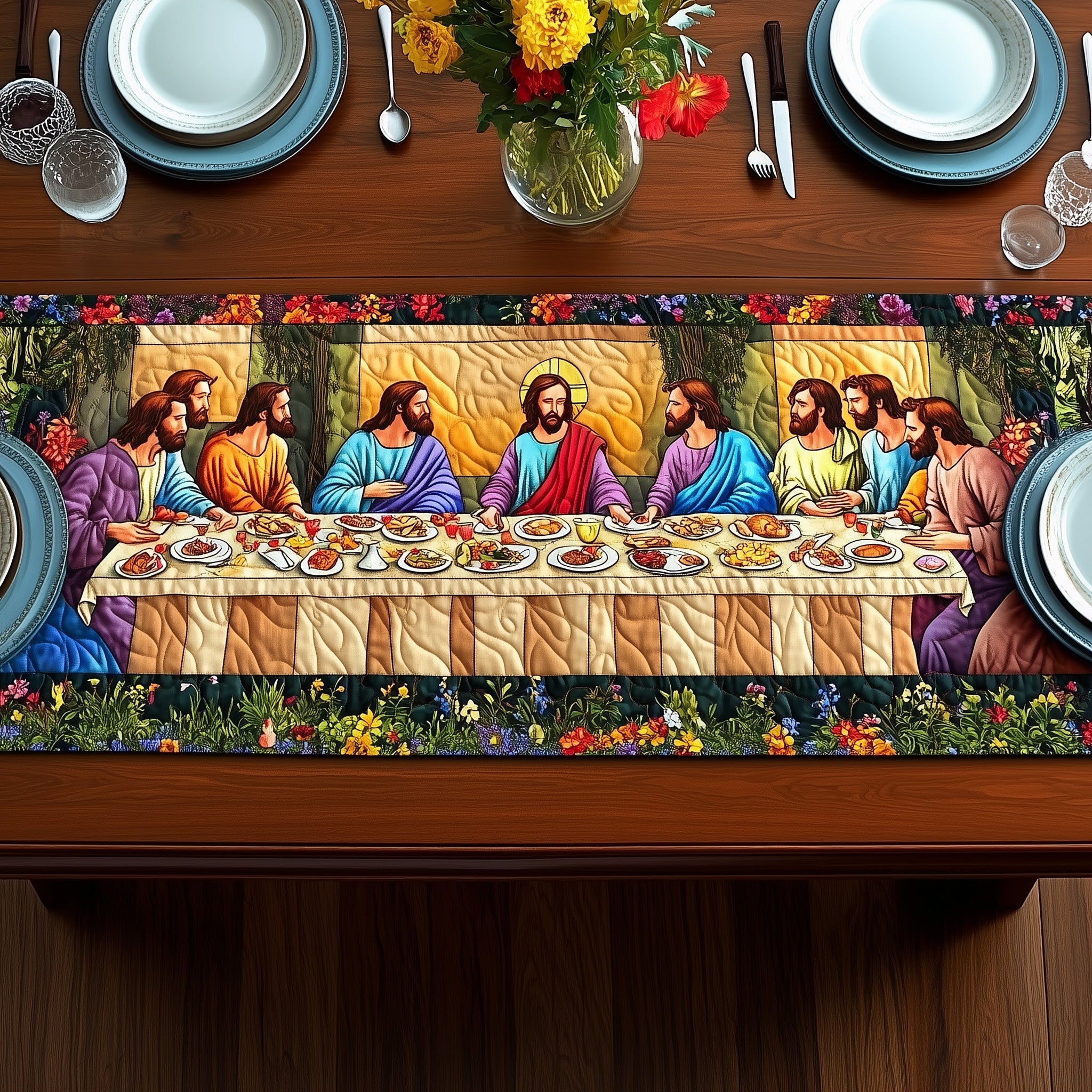 Sacred Supper Quilted Table Runner Merry Christmas Table Runner Decor