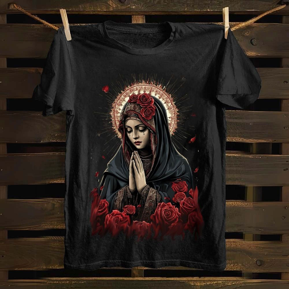 Sacred Virgin Mary T-Shirt Red Rose Religious Artwork Christian Christmas Present For Women
