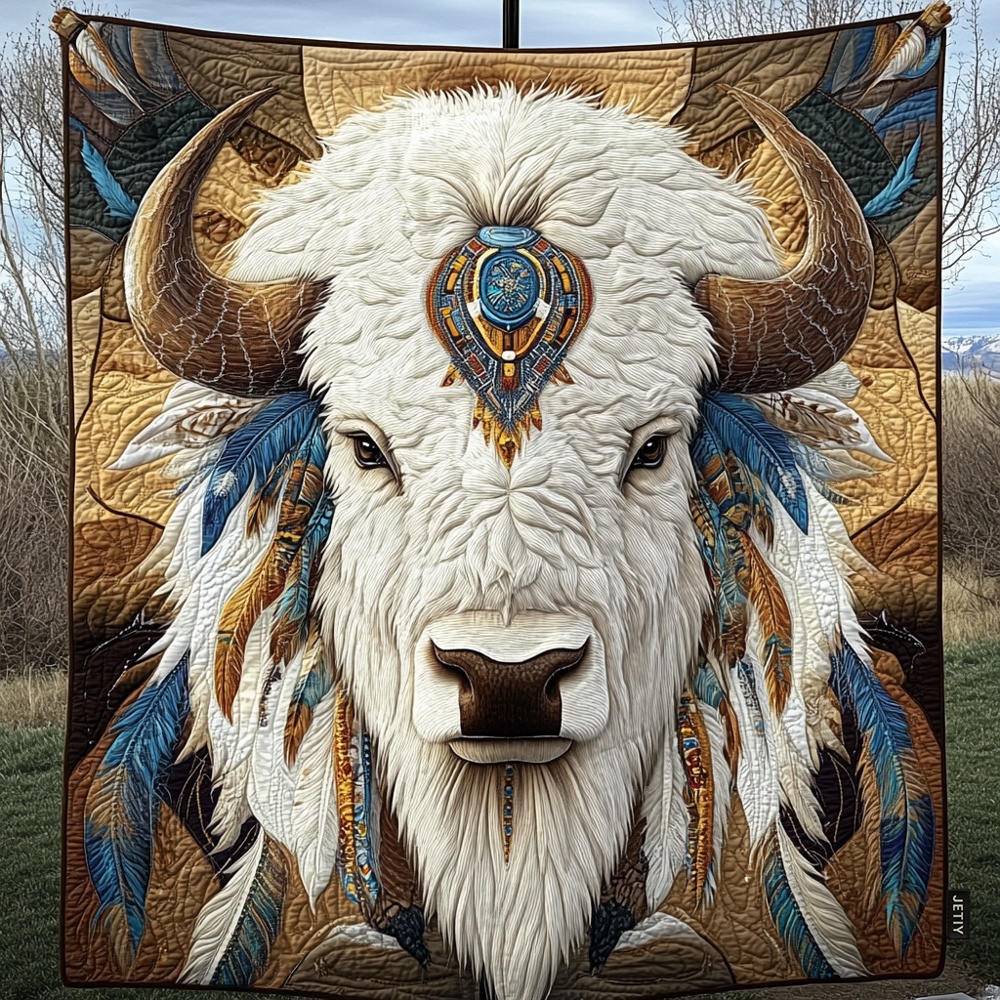 Sacred White Buffalo Quilted Blanket Native American Tribal Art Cozy Throw Best Gift For Wildlife Lovers