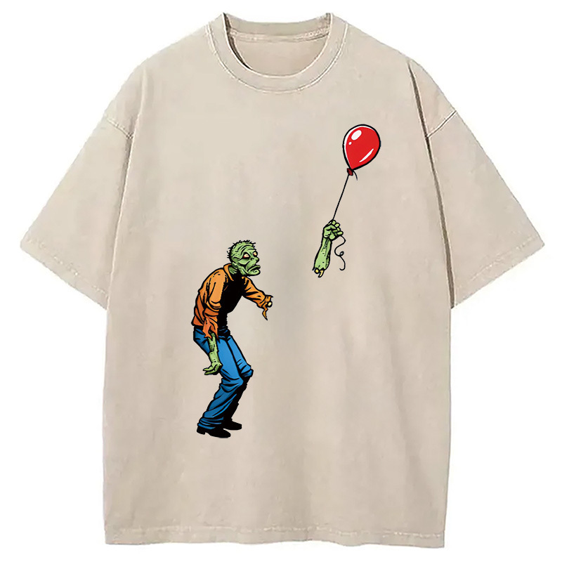 Sad Zombie and Balloon Washed T-Shirt Cool Urban Street Style Shirt Gifts For Her