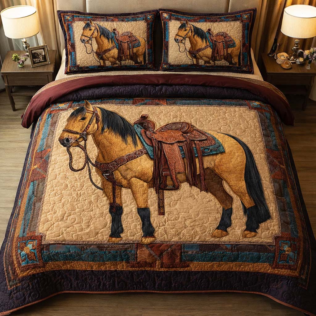 Saddled Stallion Quilted Bedding Set Western Horse Bedroom Decor Best Gift For Horse Lovers