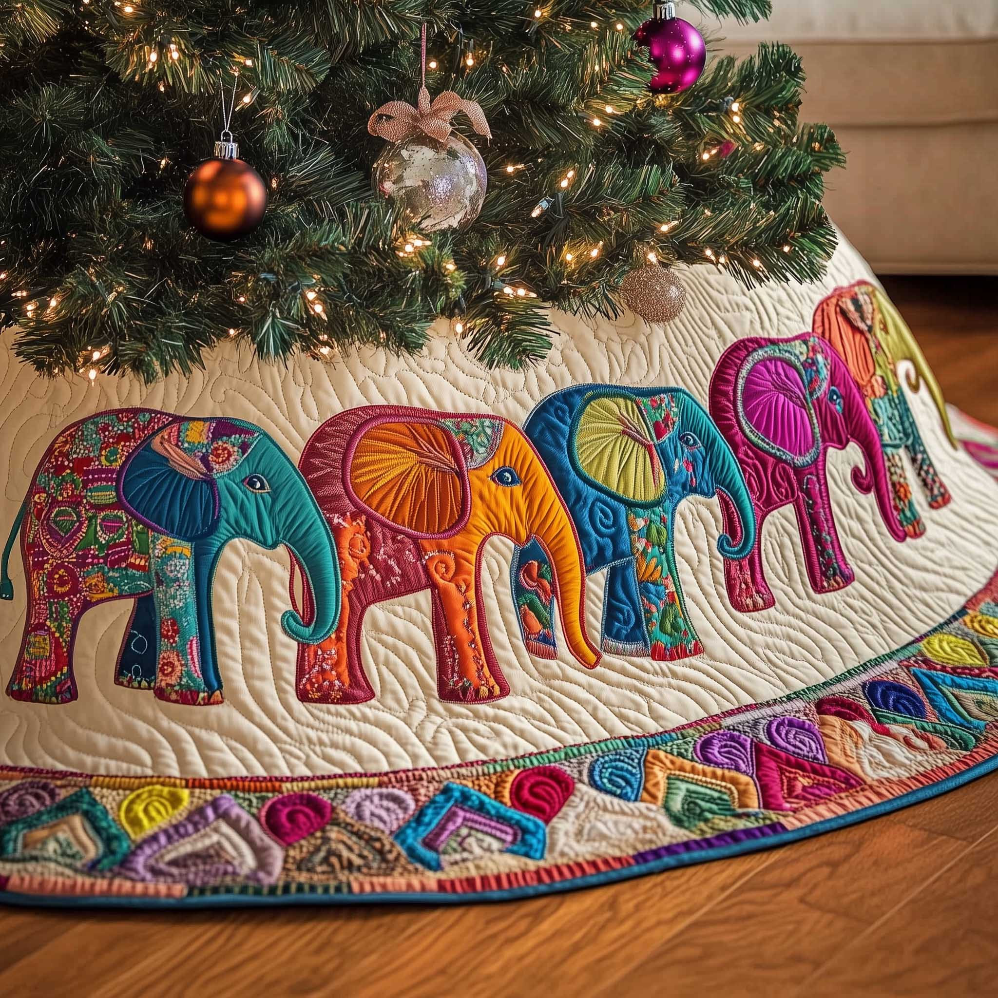Safari Holiday Quilted Tree Skirt Christmas Home Decor Cute Elephant Gifts For Women