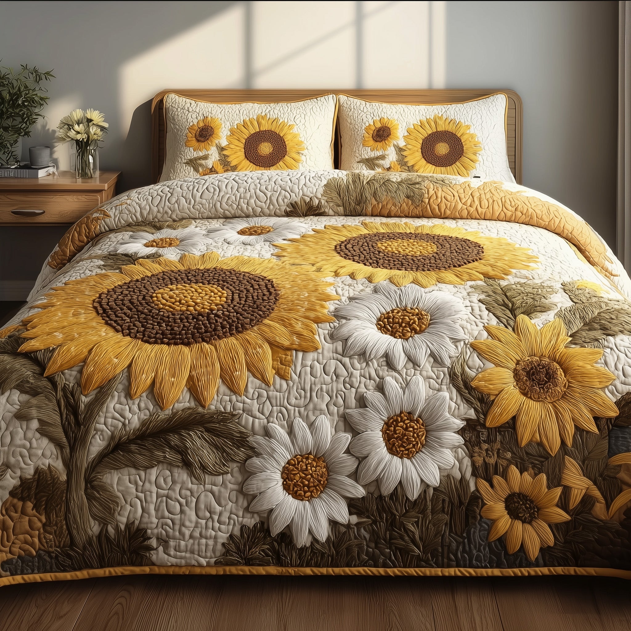 Safari Sunflower Quilted Bedding Set Duvet Cover Bedspread Gifts For Wife For Xmas