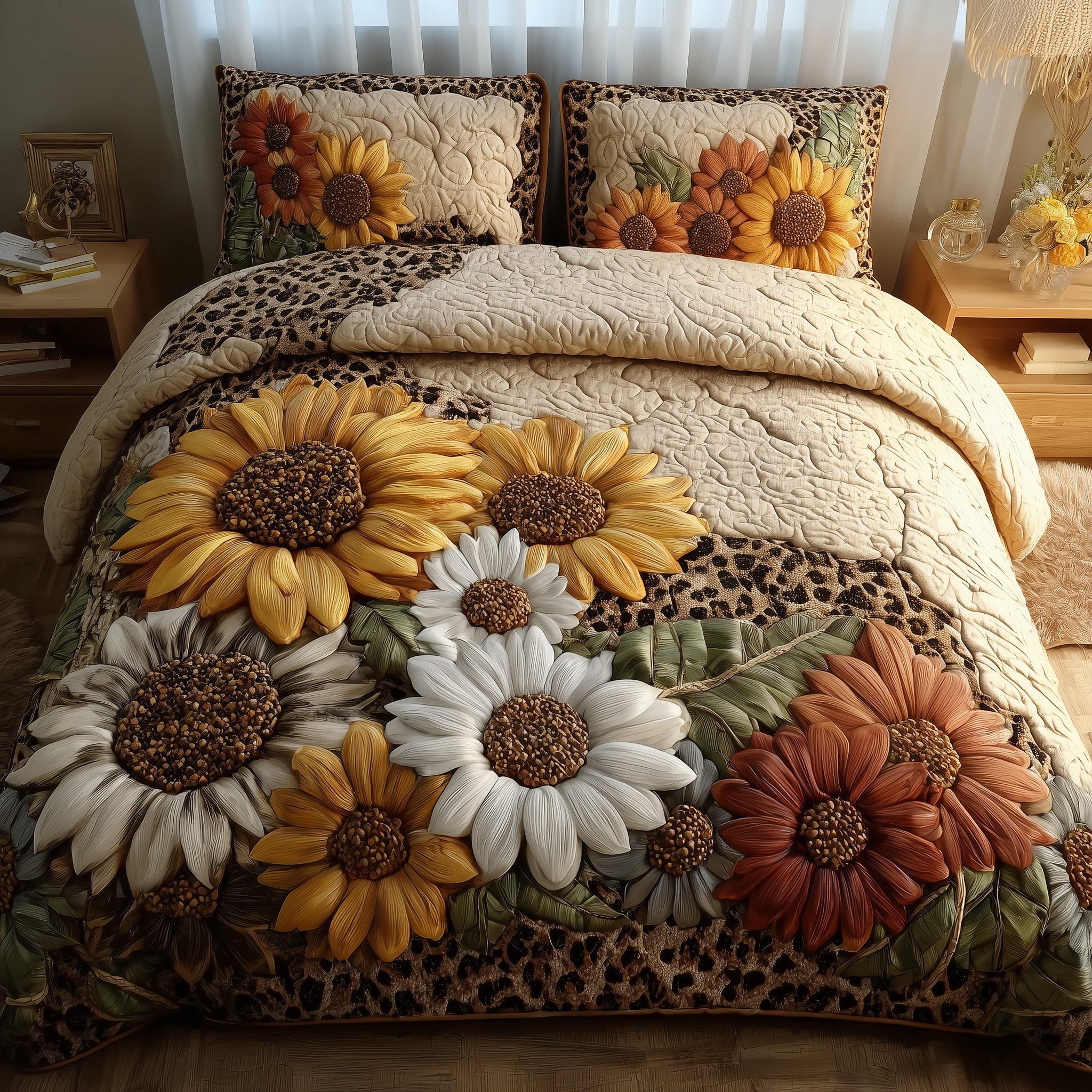 Safari Sunflower Quilted Bedding Set Duvet Cover Bedspread Great Christmas Present For Wife