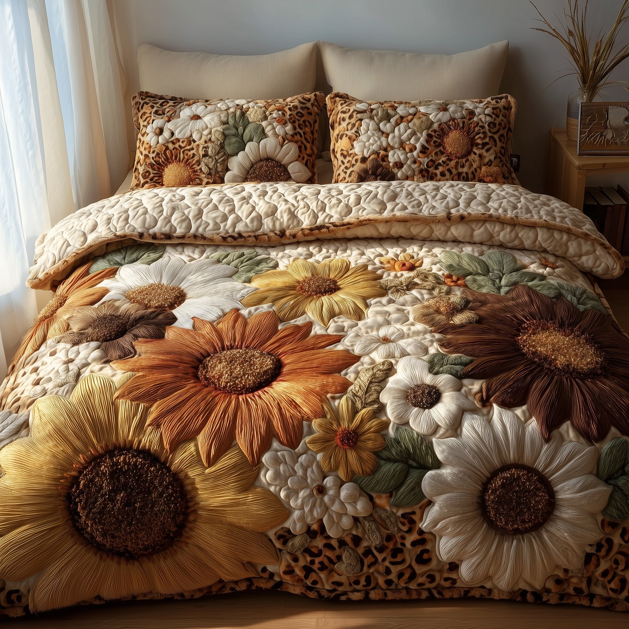 Safari Sunflower Quilted Bedding Set Duvet Cover Bedspread Nice Christmas Present For Wife