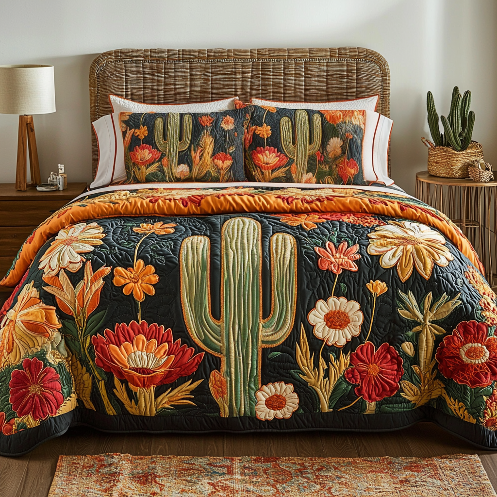 Saguaro Bloom Quilted Bedding Set Bed Room Decoration Cactus Themed Gifts