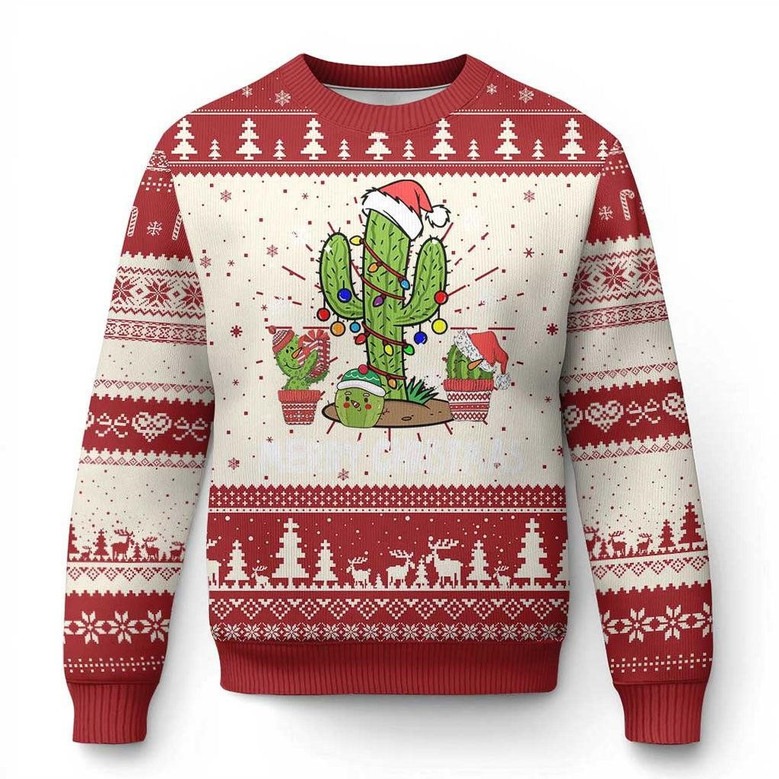 Saguaro Cactus With String Lights Ugly Holiday Sweater Funny Jumper Cactus Gifts For Her
