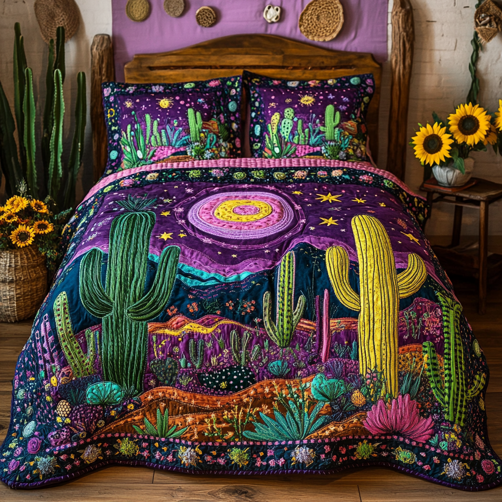 Saguaro Glow Quilted Bedding Set Best Bedspread Set Cactus Themed Birthday Presents