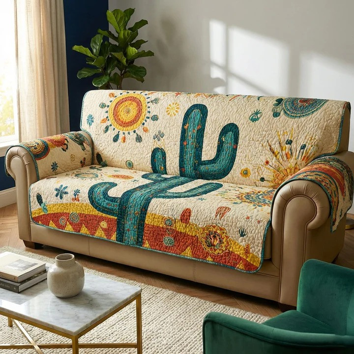 Saguaro Glow Quilted Sofa Cover Desert Cactus Sunset Furniture Protector Best Home Decor Gift