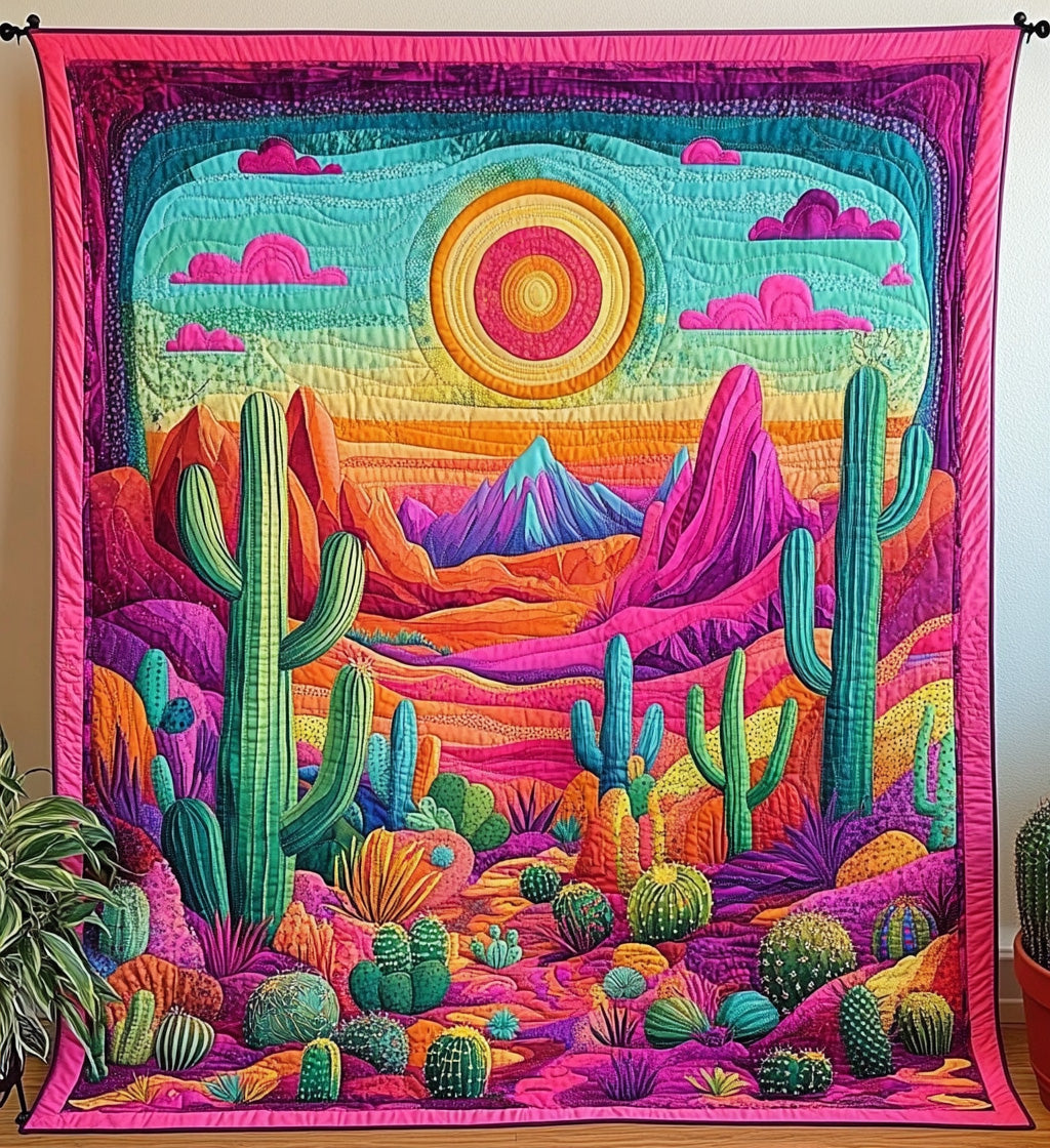 Saguaro Sunset Quilted Blanket Gift For Cactus Lover