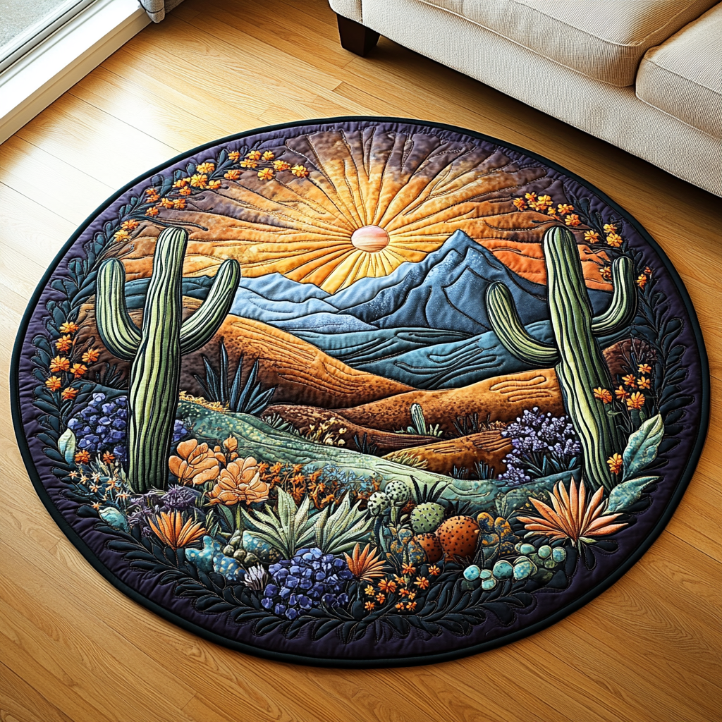 Saguaro Sunset Quilted Round Mat Entryway Decor Novelty Cactus Gifts