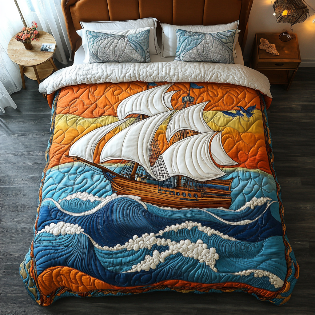 Sailboat Adventure Quilted Bedding Set Unique Bed Sheet Set Best Gifts For Sailboat Owners