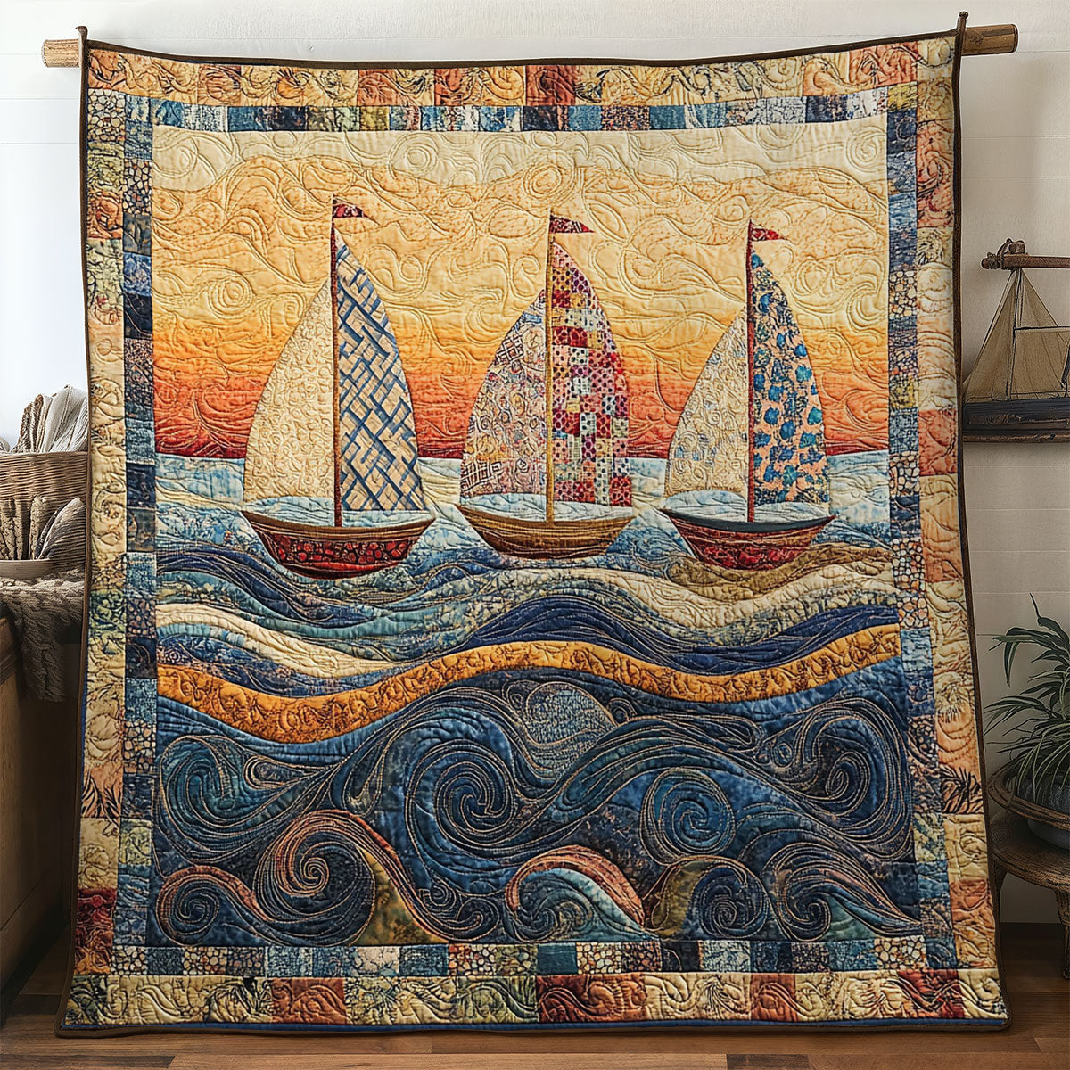 Sailboat Blue Orbit Quilt Premium Quilt Blanket to Enhance Bedroom Comfort