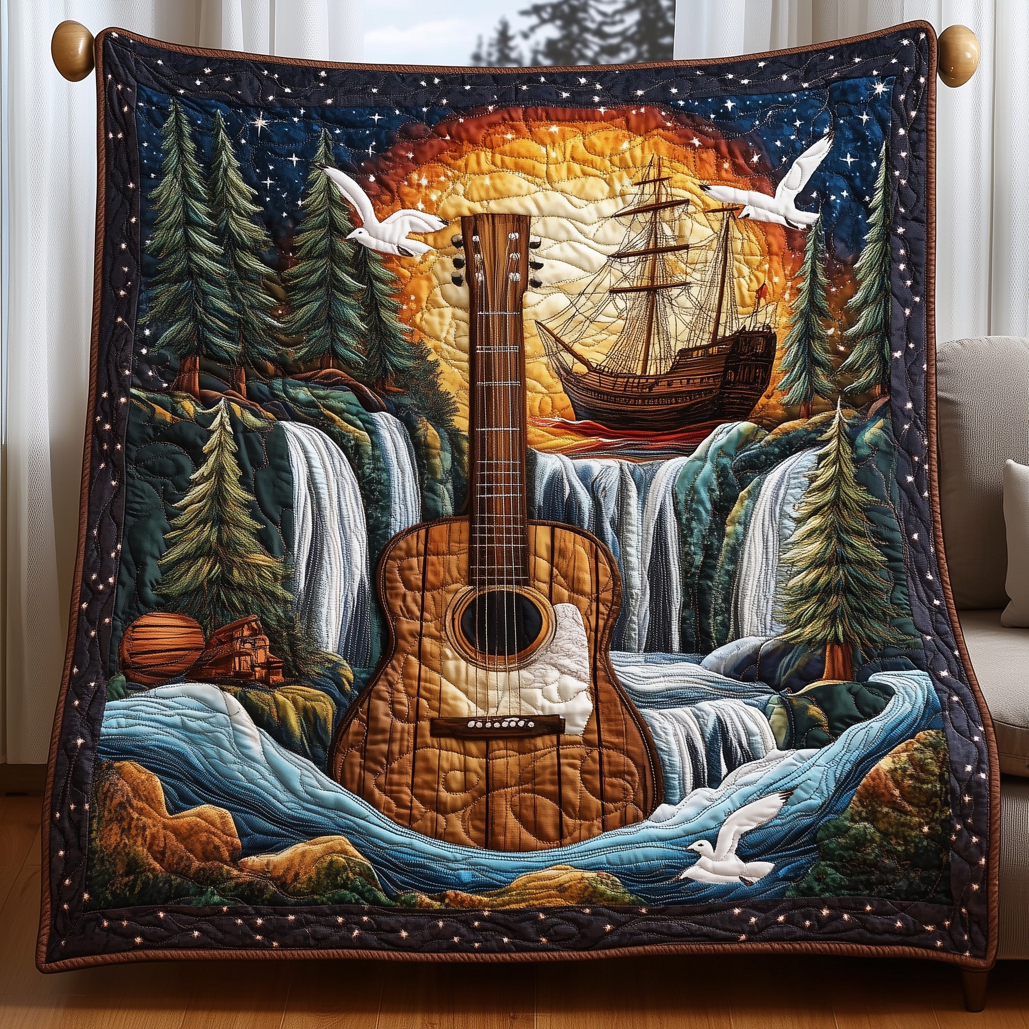 Sailing Through Sound Quilted Blanket Cute Soft BlanketChristmas Gifts For Guitar Players