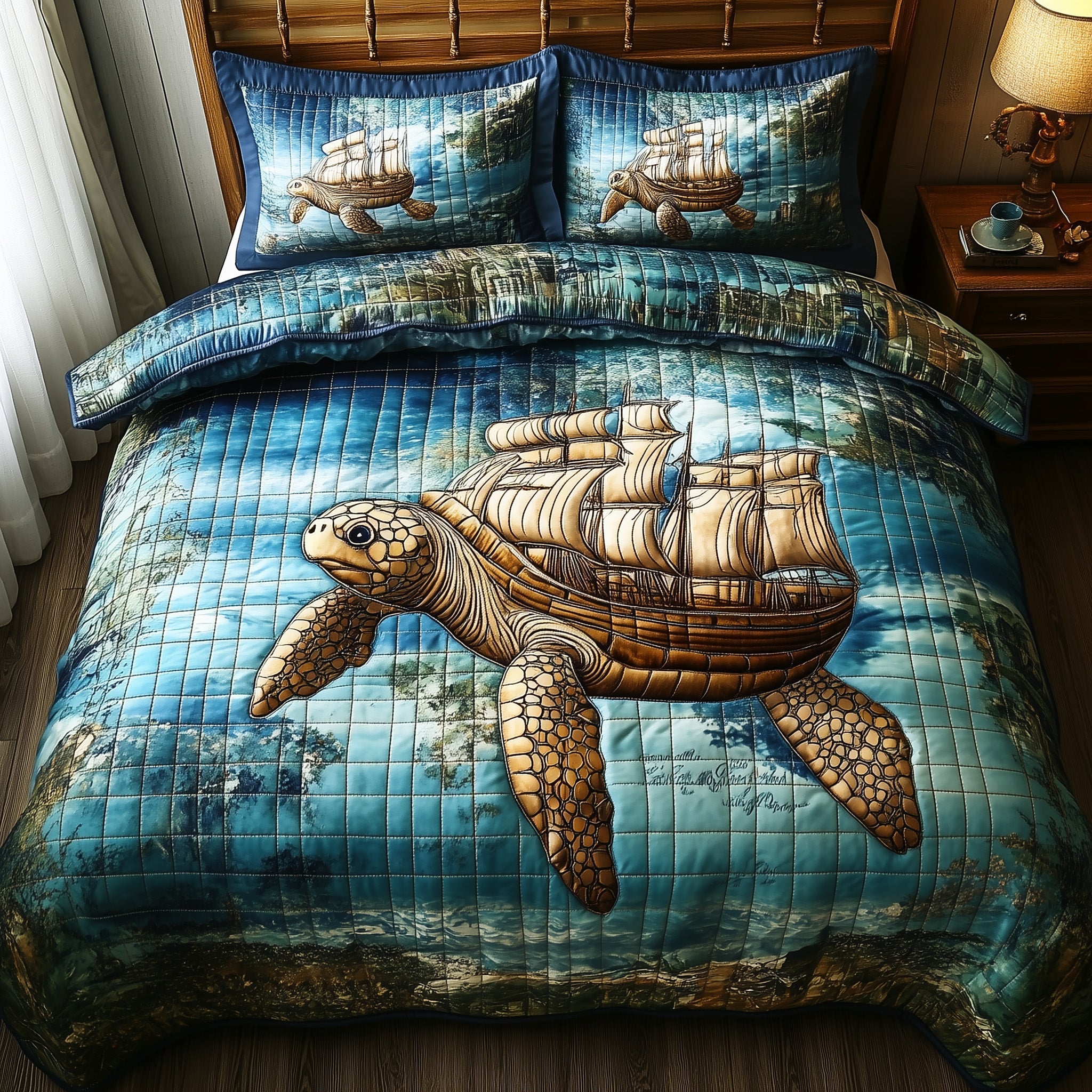 Sailing Turtle Adventures Quilted Bedding Set Duvet Cover Bed Sheet Gifts For Sea Turtle Lovers