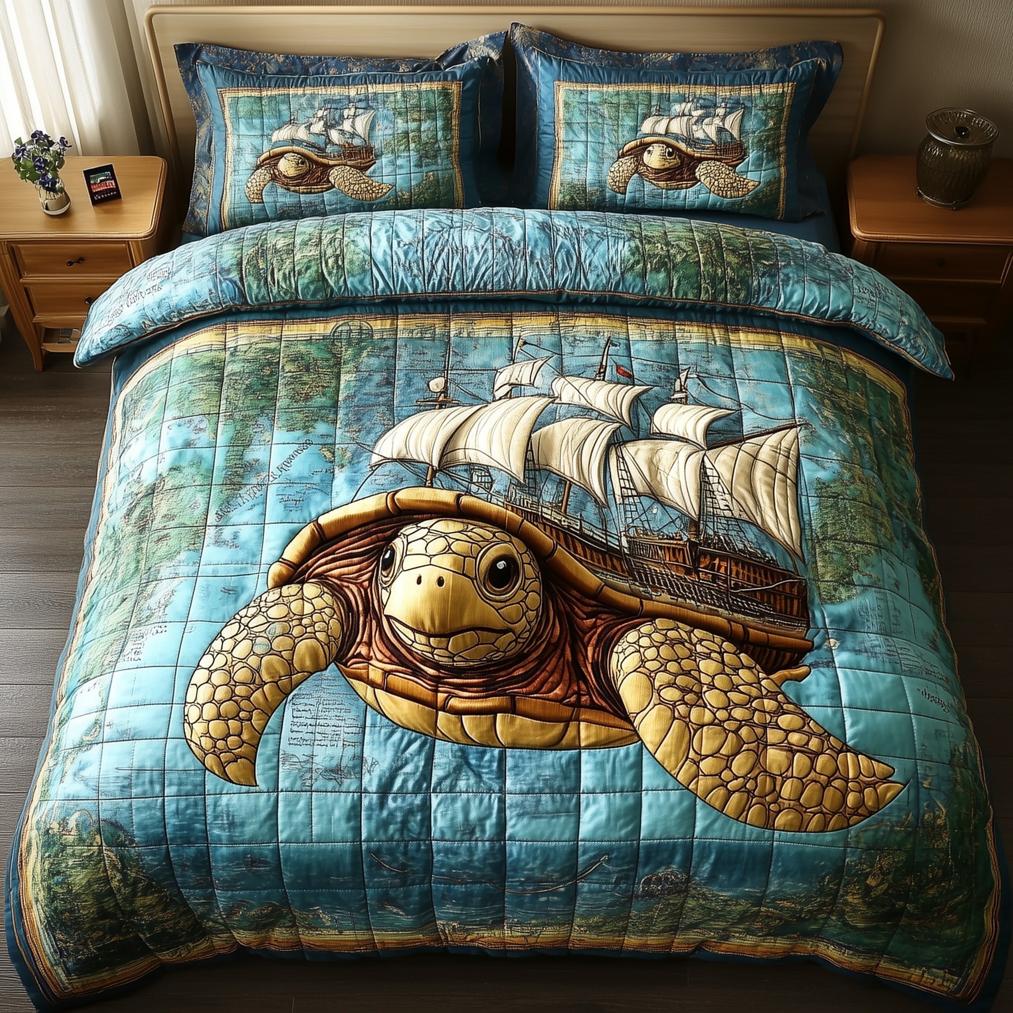 Sailing Turtle Adventures Quilted Bedding Set Duvet Cover Bed Sheet Sea Turtle Gift Ideas
