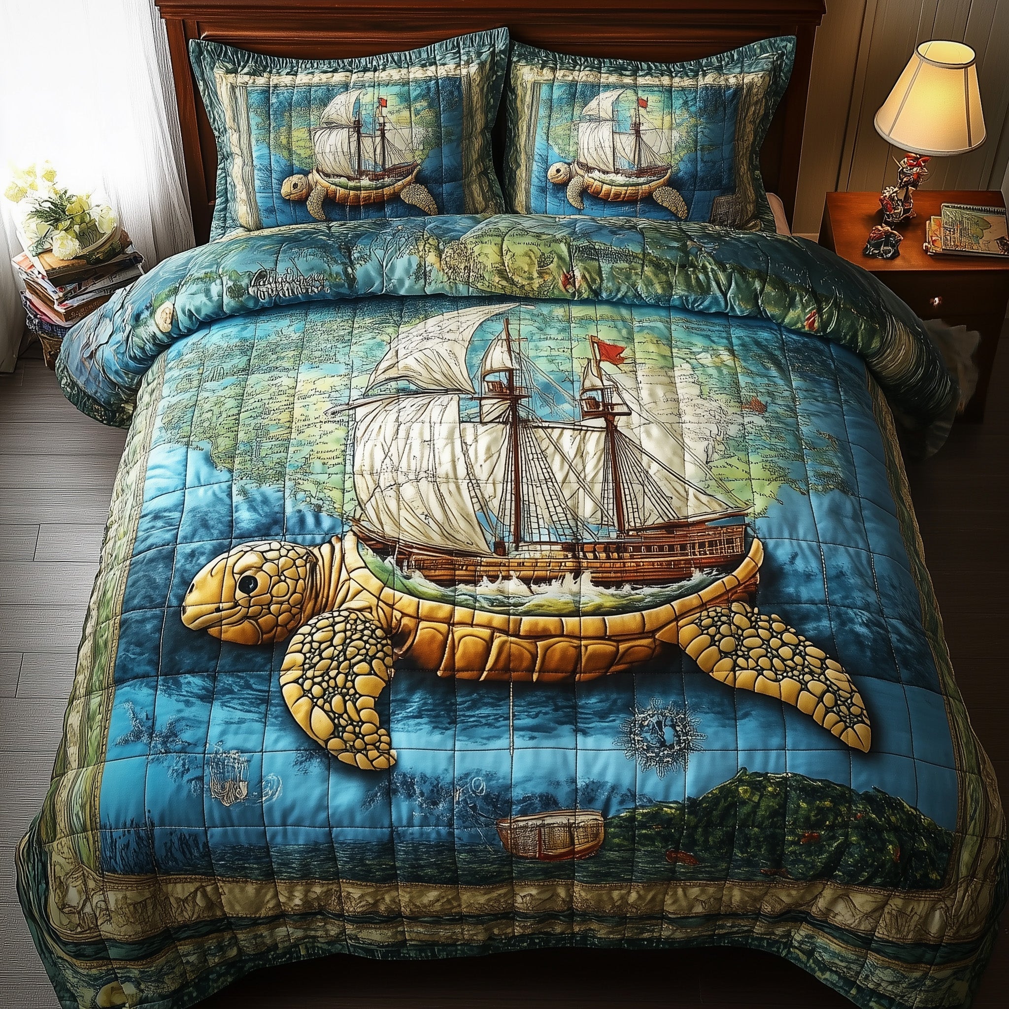 Sailing Turtle Adventures Quilted Bedding Set Duvet Cover Bed Sheet Sea Turtle Gifts For Her