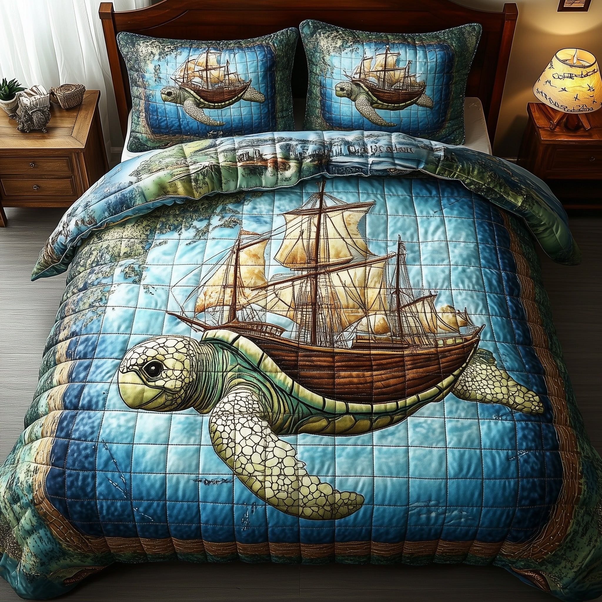 Sailing Turtle Adventures Quilted Bedding Set Duvet Cover Bed Sheet Sea Turtle Gifts For Him