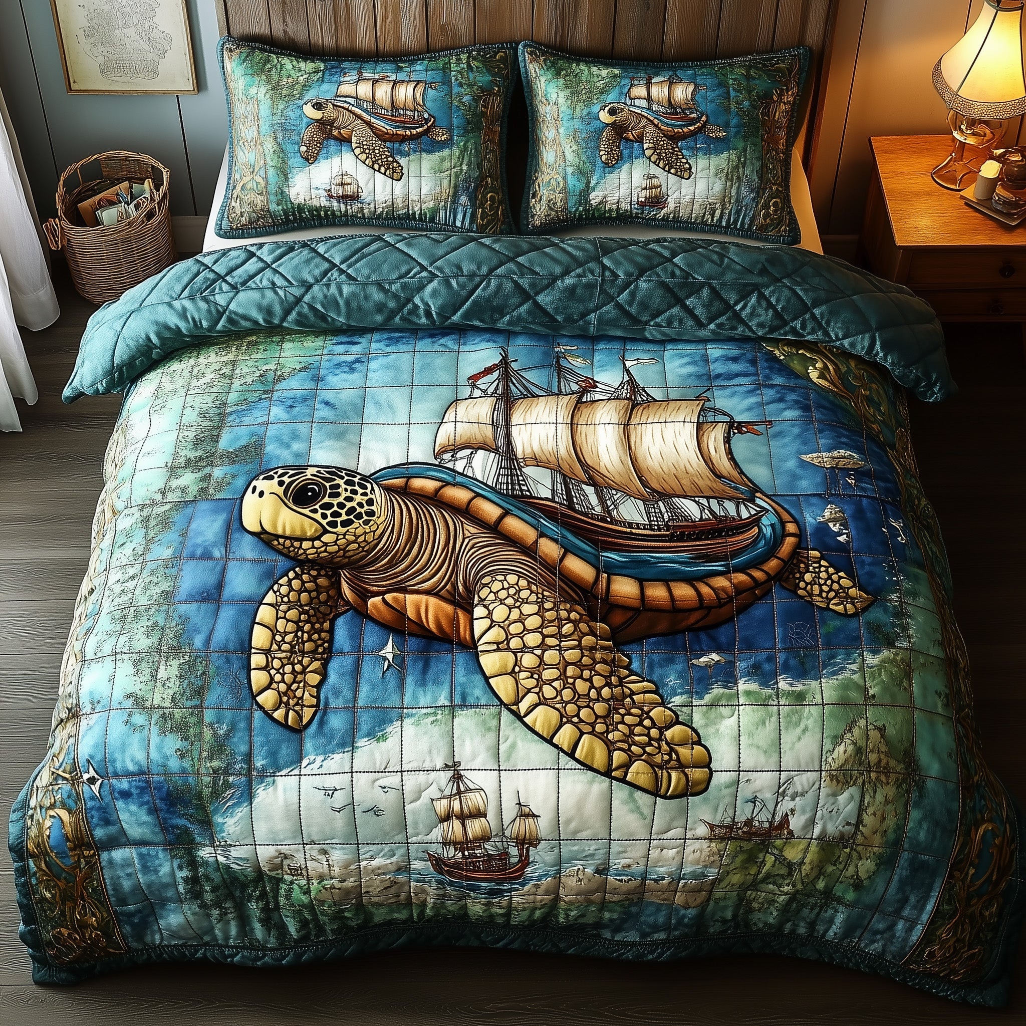 Sailing Turtle Adventures Quilted Bedding Set Duvet Cover Bed Sheet Sea Turtle Merchandise
