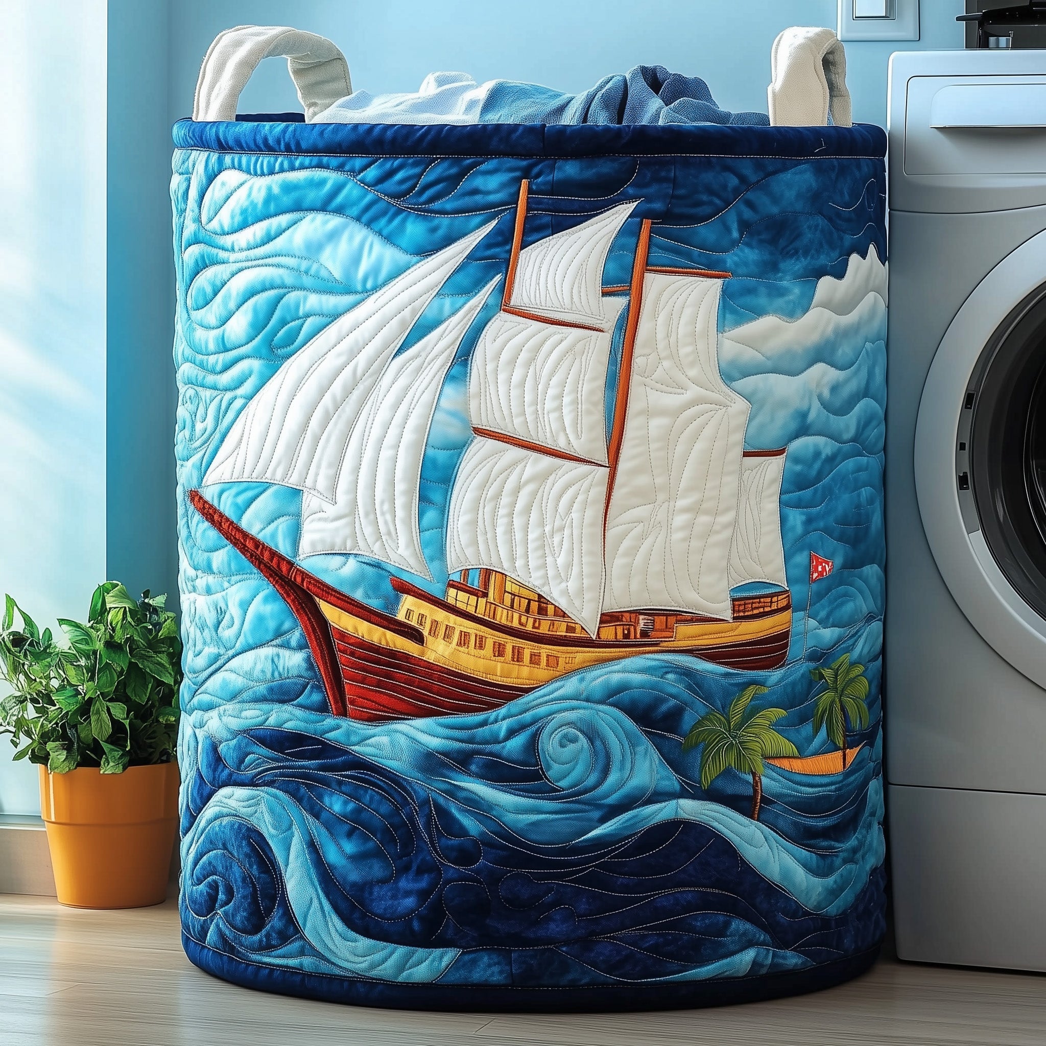 Sailling Ship Quilted Laundry Basket Ocean Beach Themed Presents