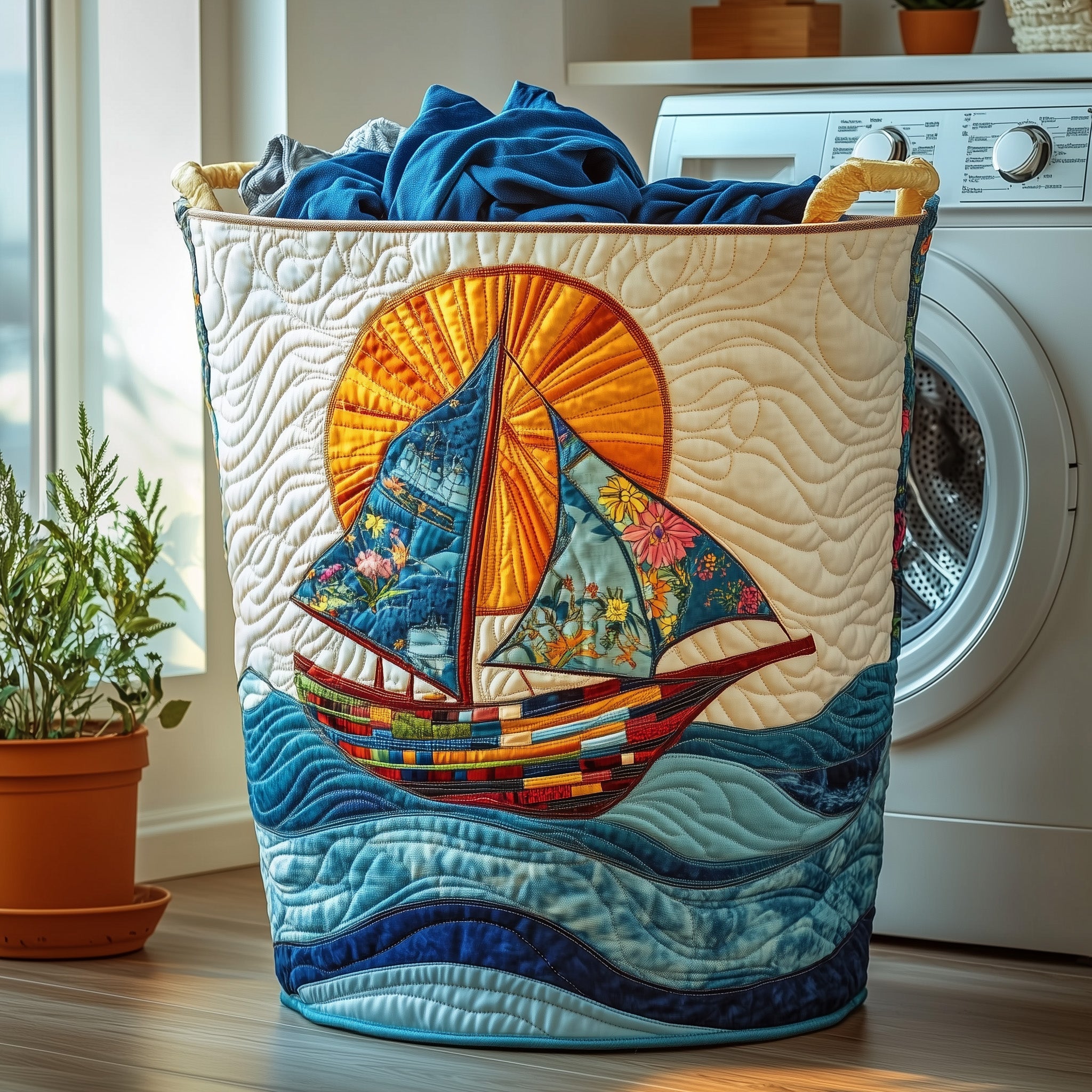 Sailling Ship Quilted Laundry Basket Ocean Themed Gift